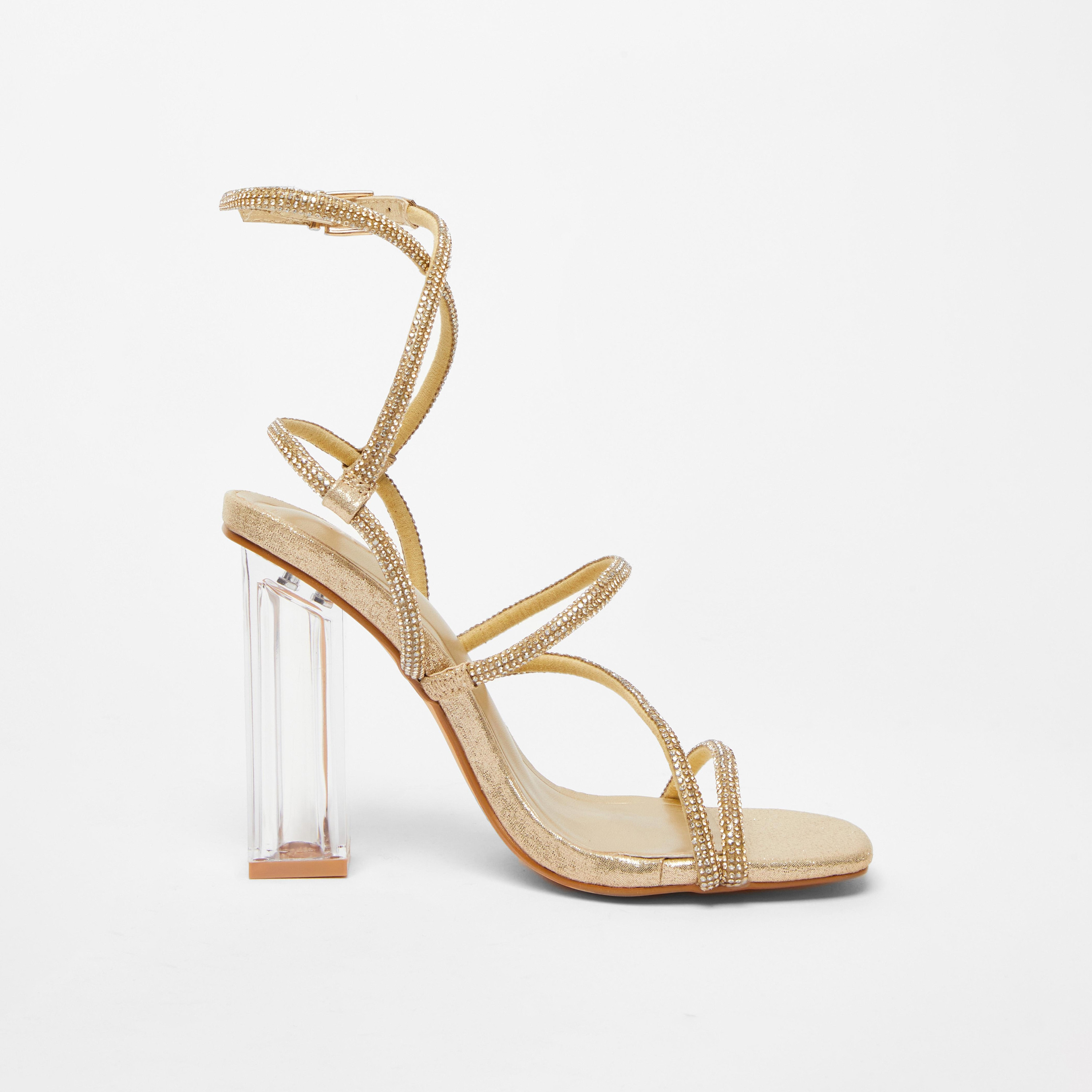 صندل نسائي من كويز مزود بتفاصيل ديامانتي وحزام متقاطع للكاحل وكعب بلوك  | 200797650-women-shoes-heels-image-4
