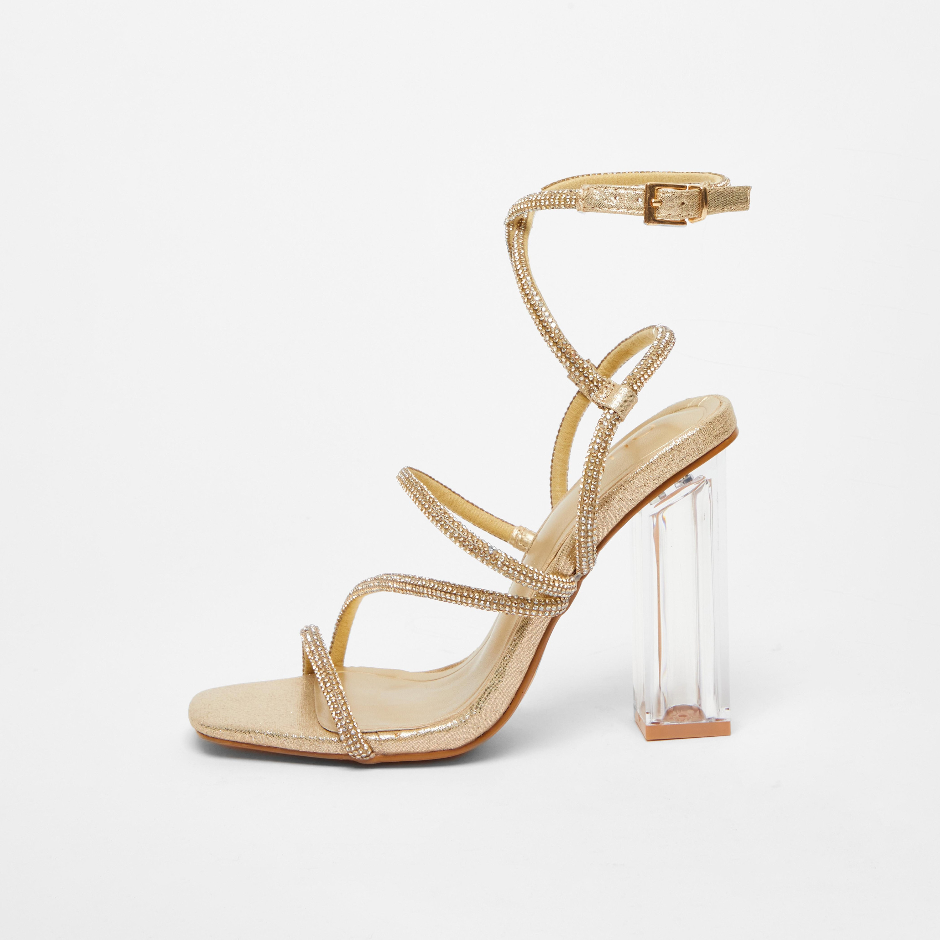 صندل نسائي من كويز مزود بتفاصيل ديامانتي وحزام متقاطع للكاحل وكعب بلوك  | 200797650-women-shoes-heels-image-5