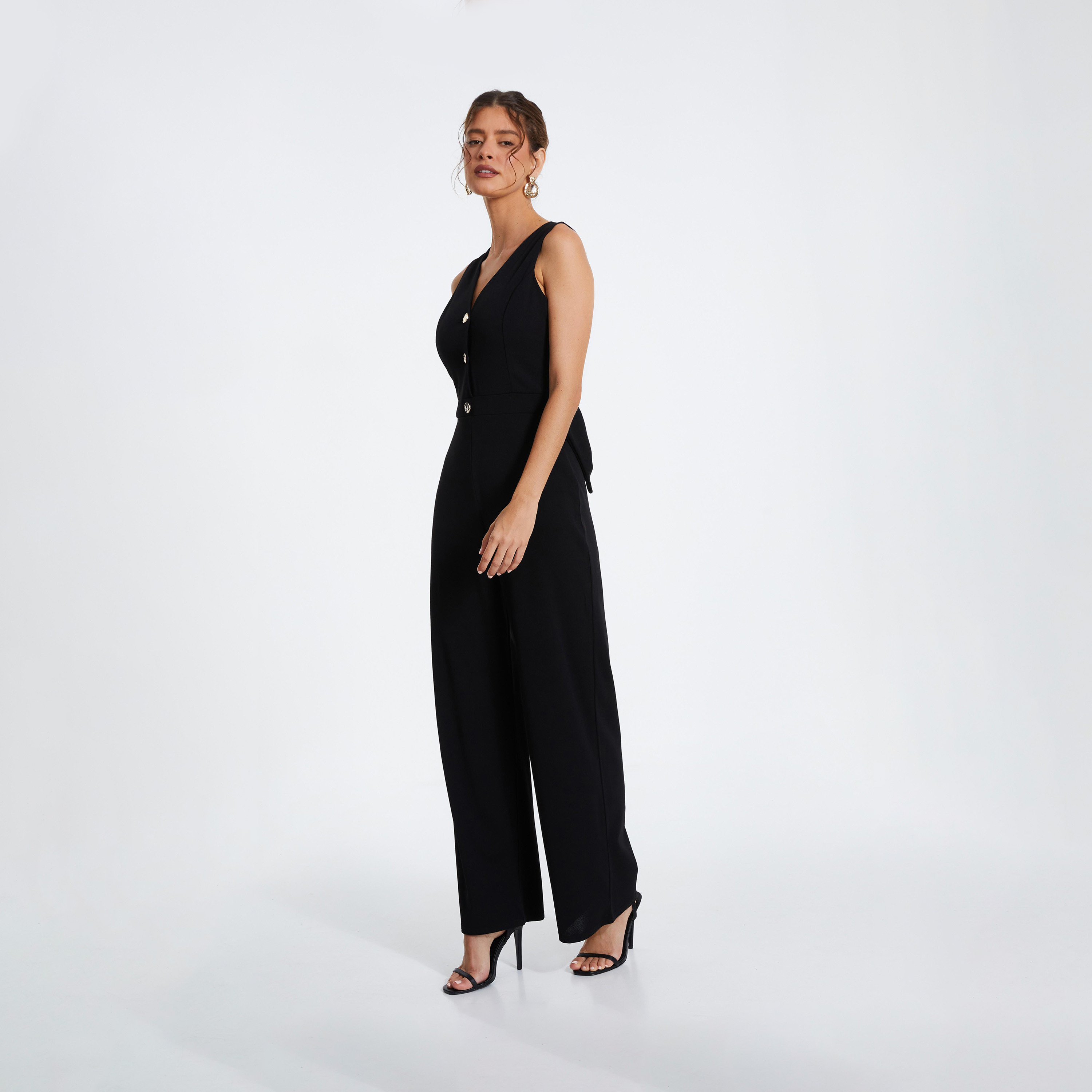 Quiz Black Button Front Scuba Crepe Jumpsuit with Open Back-women-clothing-jumpsuits-image-3