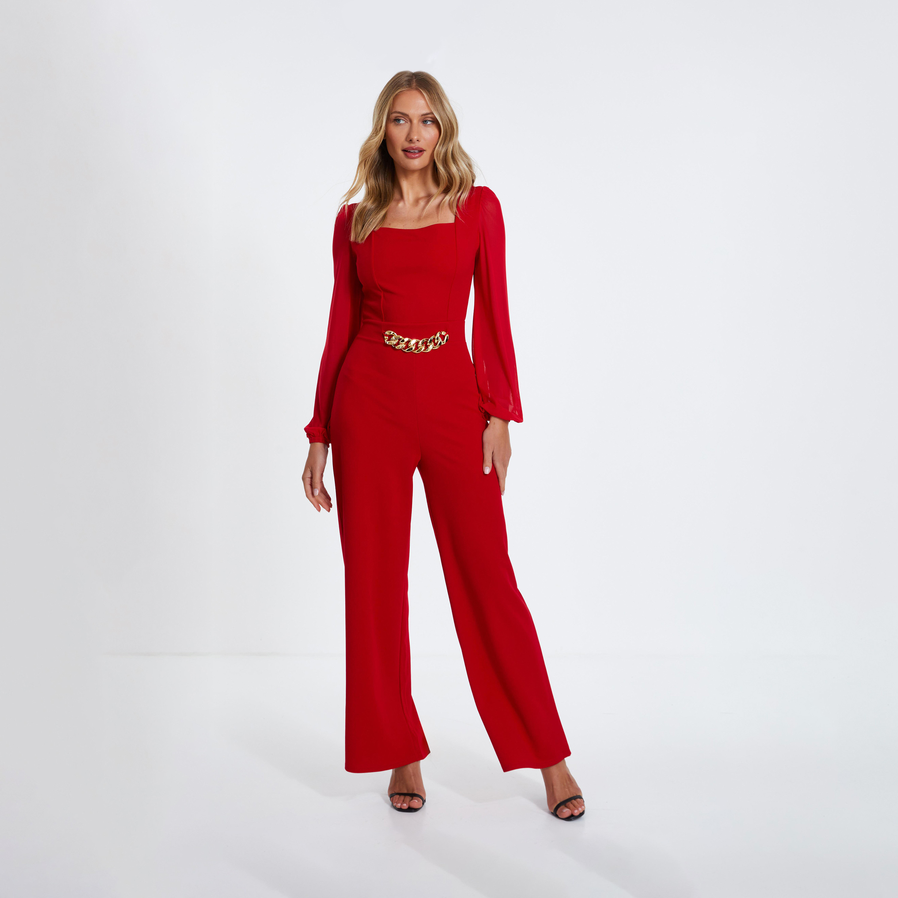 كويز- جمبسوت بأكمام شيفون من قماش الكريب باللون الأحمر-women-clothing-jumpsuits-image-1
