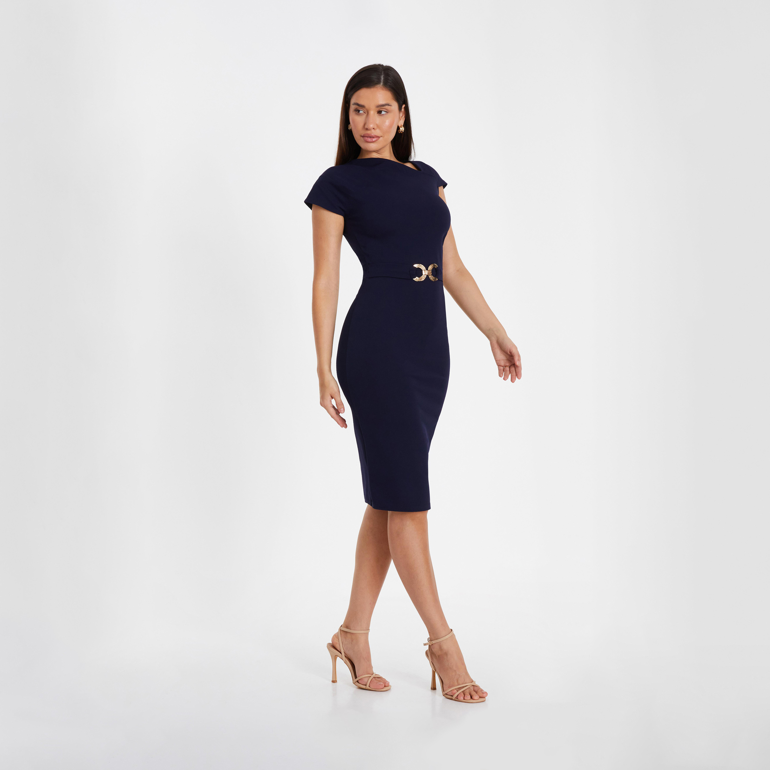 كويز- فستان ميدي بقصّة باردو من قماش الكريب باللون الأزرق الداكن مع تفاصيل إبزيم-women-clothing-dresses-image-3