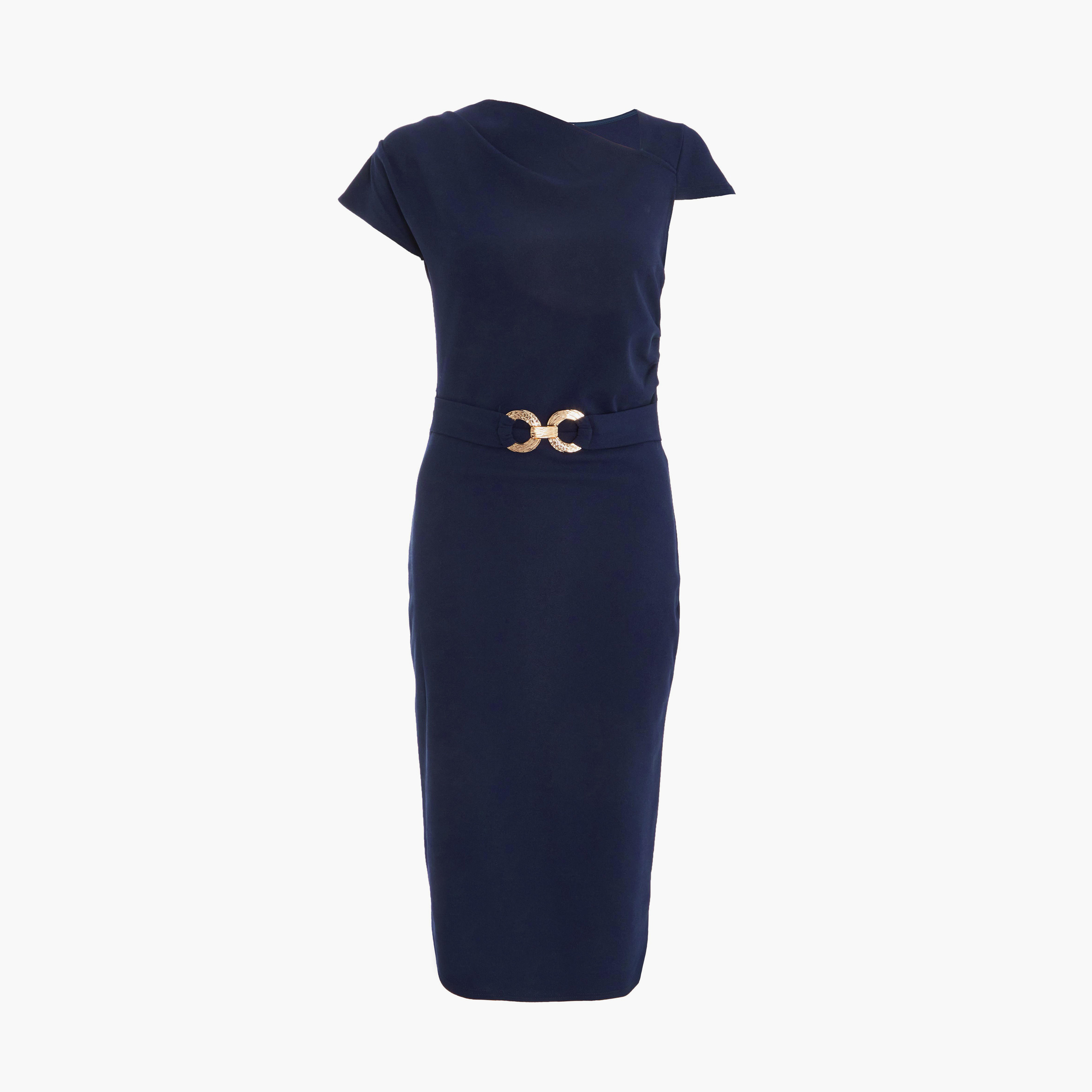 كويز- فستان ميدي بقصّة باردو من قماش الكريب باللون الأزرق الداكن مع تفاصيل إبزيم-women-clothing-dresses-image-5