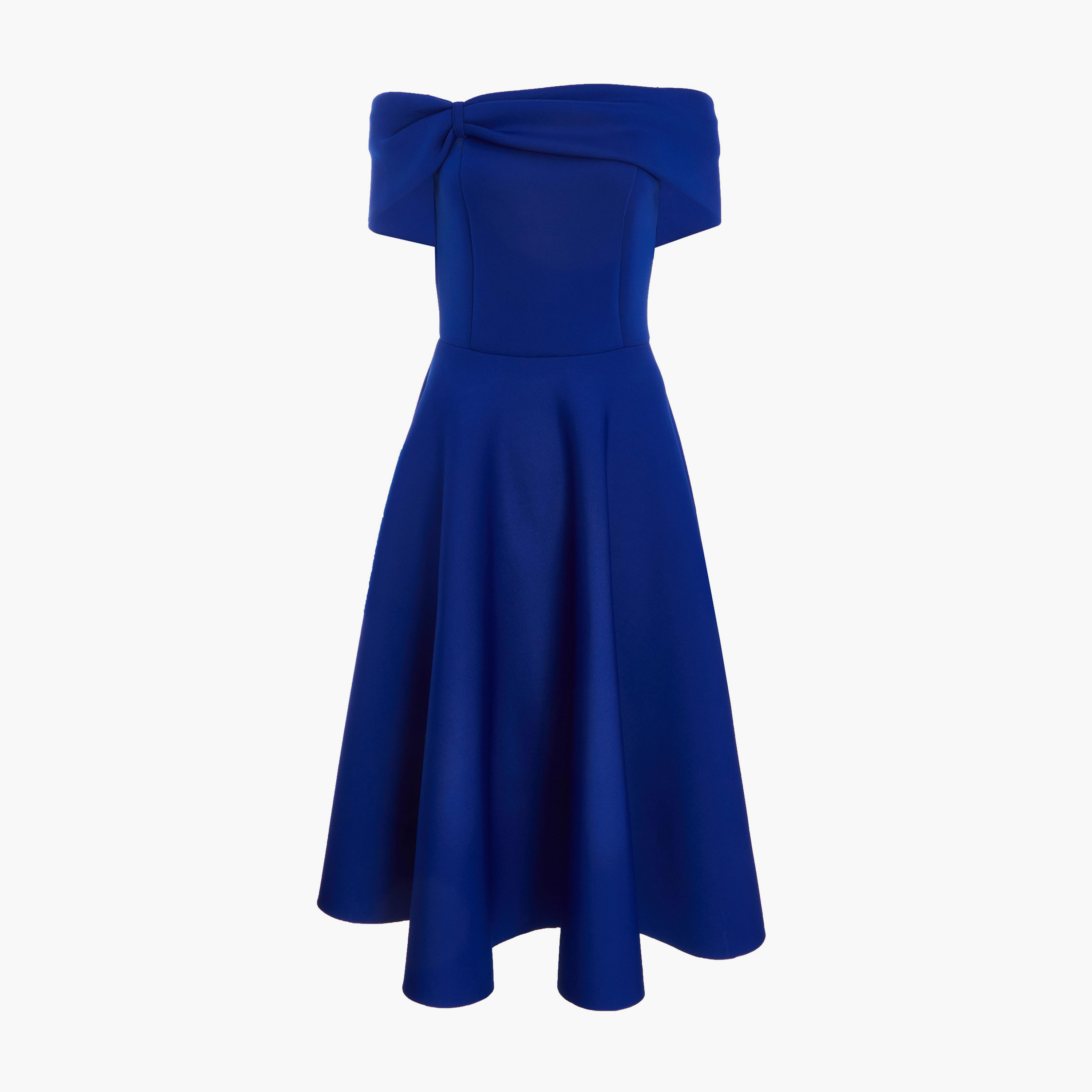كويز-  فستان مخملي متوسط ​​الطول أزرق ملكي وفيونكة وكشكشة-women-clothing-dresses-image-5