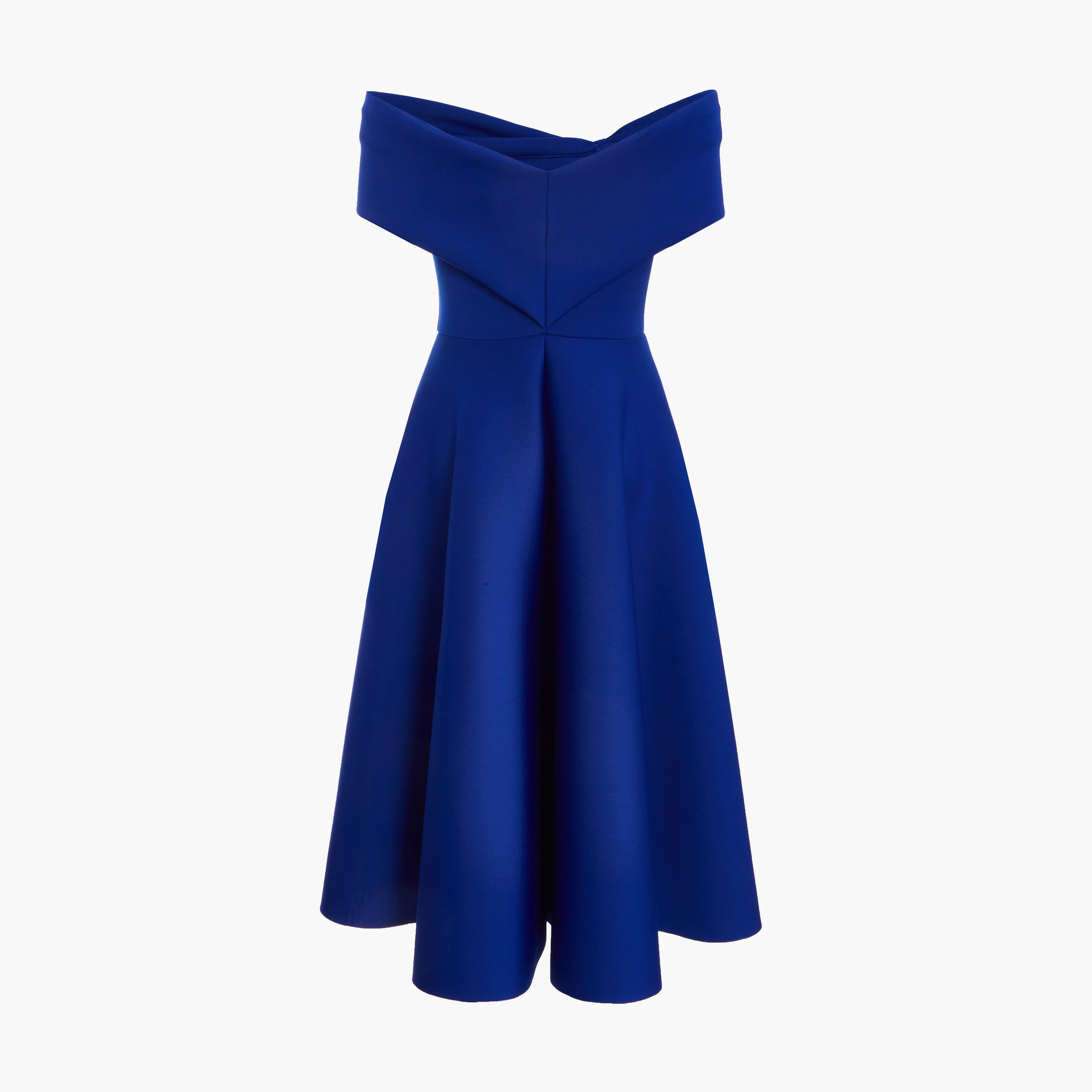 كويز-  فستان مخملي متوسط ​​الطول أزرق ملكي وفيونكة وكشكشة-women-clothing-dresses-image-6