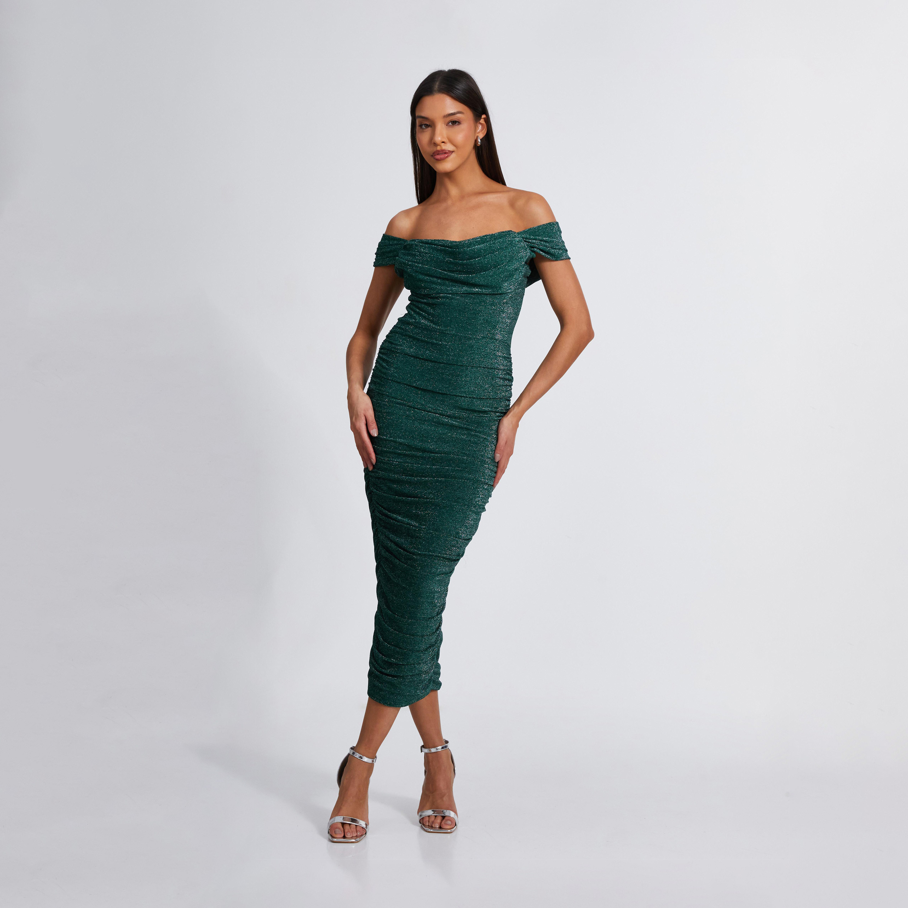 كويز-  فستان متوسط ​​الطول لامع ومكشكش باللون الأخضر الفاتح-women-clothing-dresses-image-1