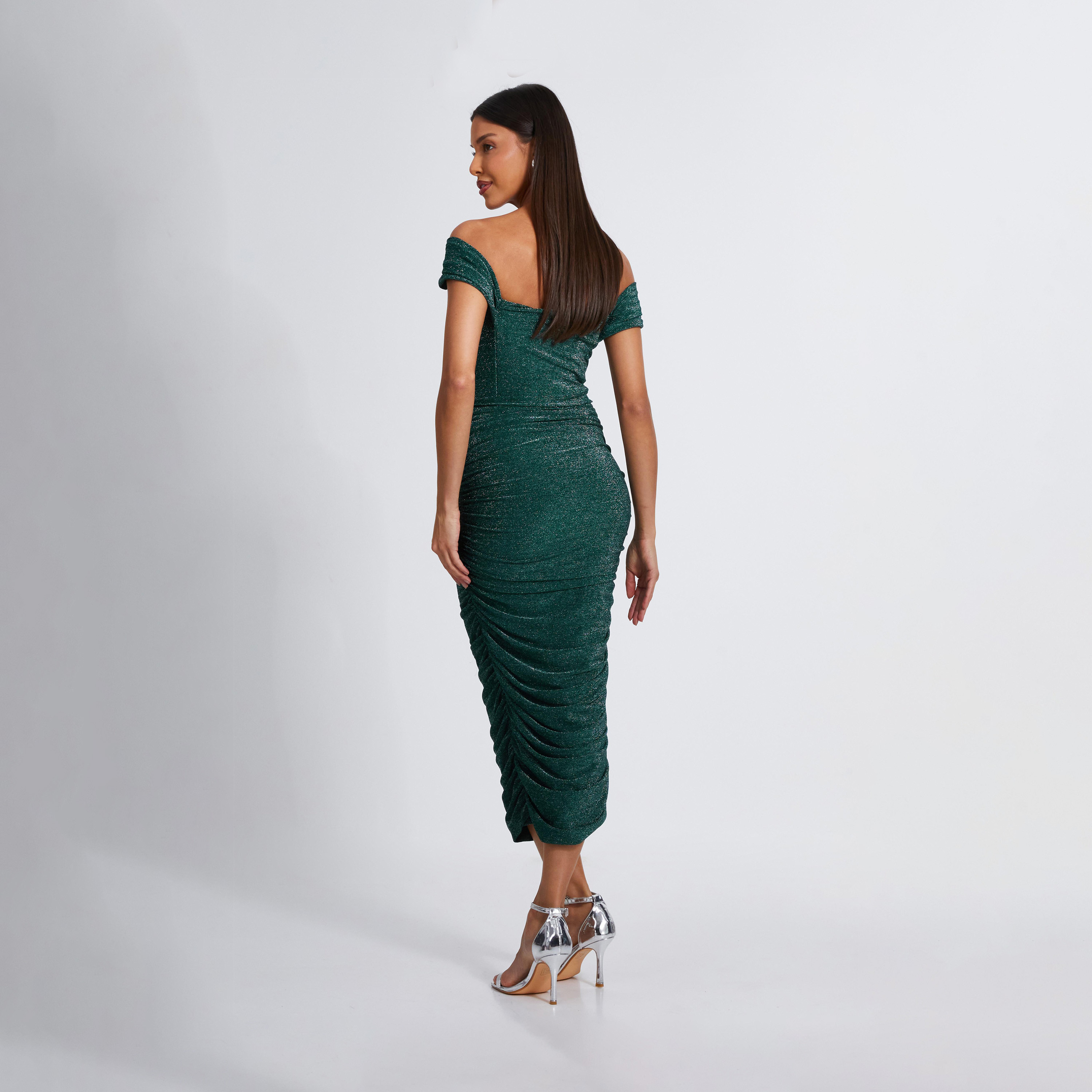 كويز-  فستان متوسط ​​الطول لامع ومكشكش باللون الأخضر الفاتح-women-clothing-dresses-image-2