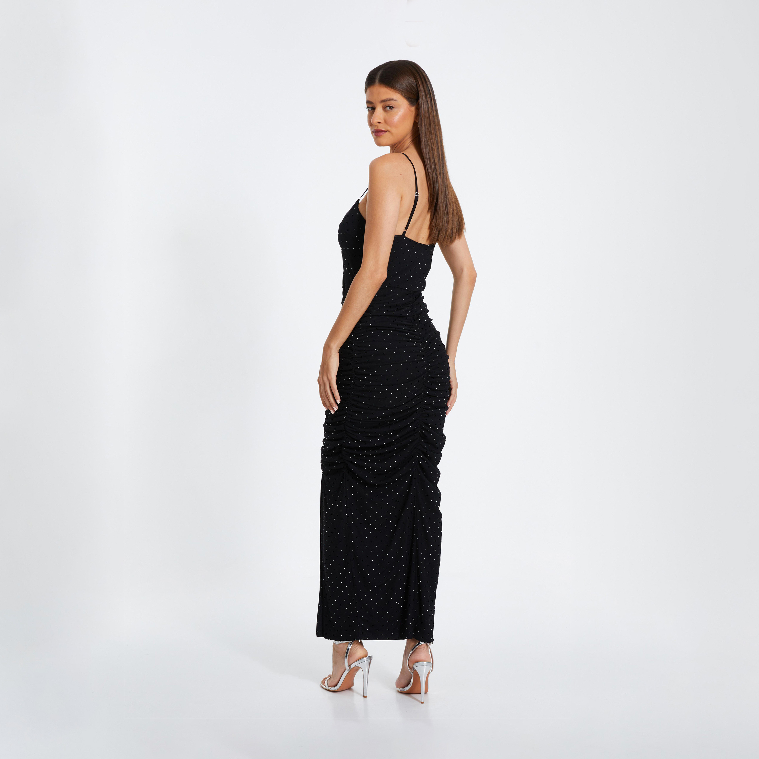 Quiz Black Mesh Stud Strap Knit Front Maxi Evening Dress-women-clothing-dresses-image-2