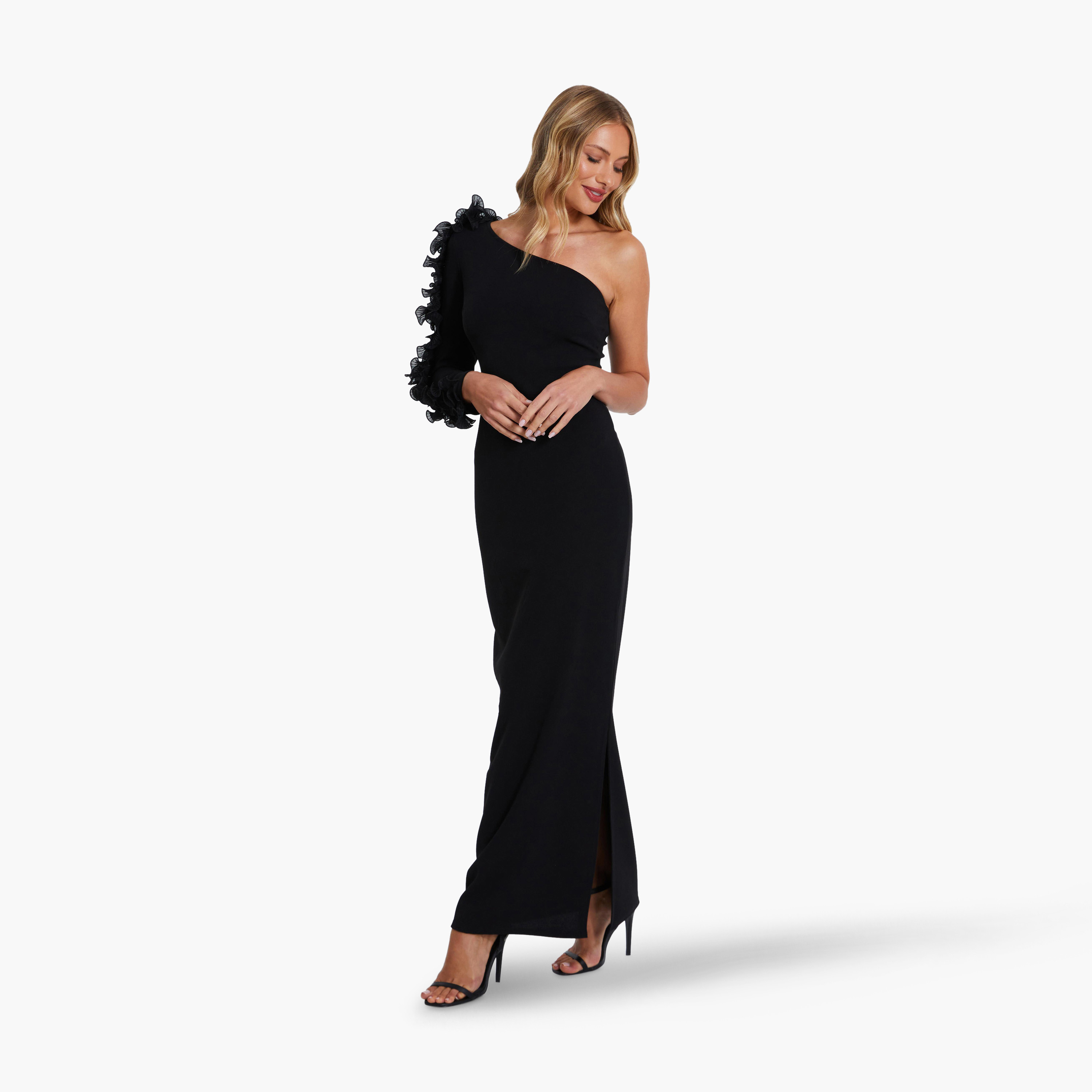 Quiz Black Scuba Crepe One Shoulder Trim Evening Wear Maxi Dress-women-clothing-dresses-image-3