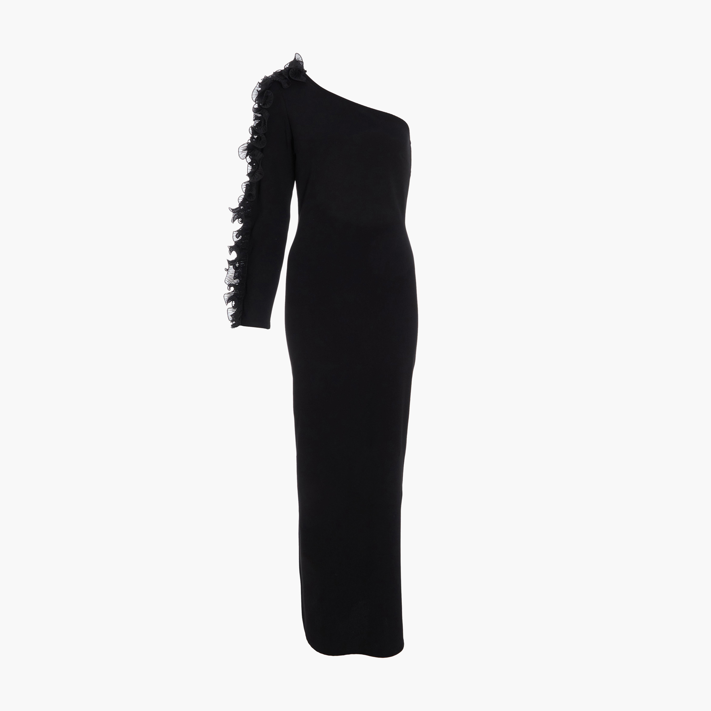 كويز-  فستان سهرة ماكسي من قماش الكريب الأسود مع زينة على شكل كتف واحد-women-clothing-dresses-image-5