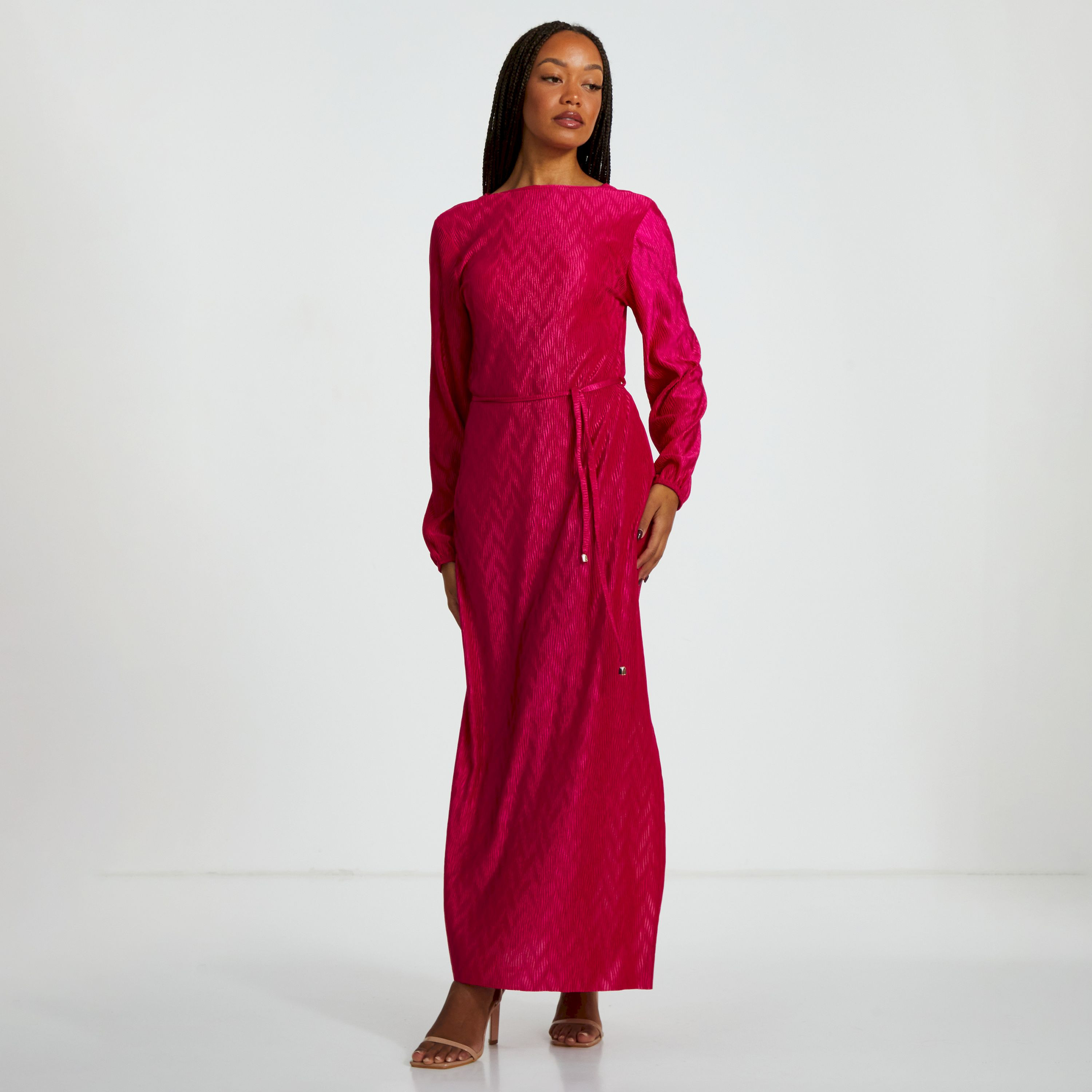 كويز-  فستان ميدي بحزام مموج مطوي لون أرجواني-women-clothing-dresses-image-1