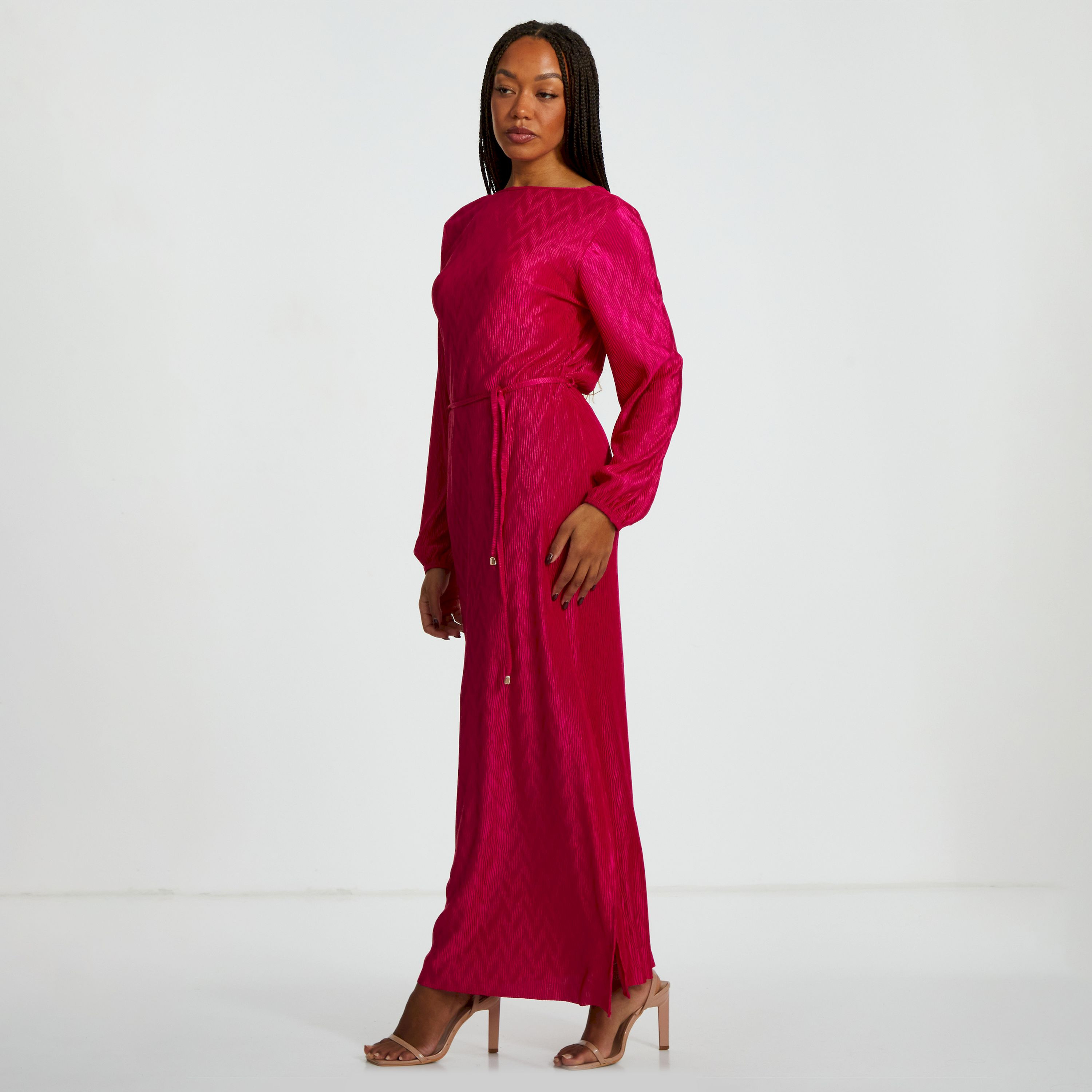 كويز-  فستان ميدي بحزام مموج مطوي لون أرجواني-women-clothing-dresses-image-2