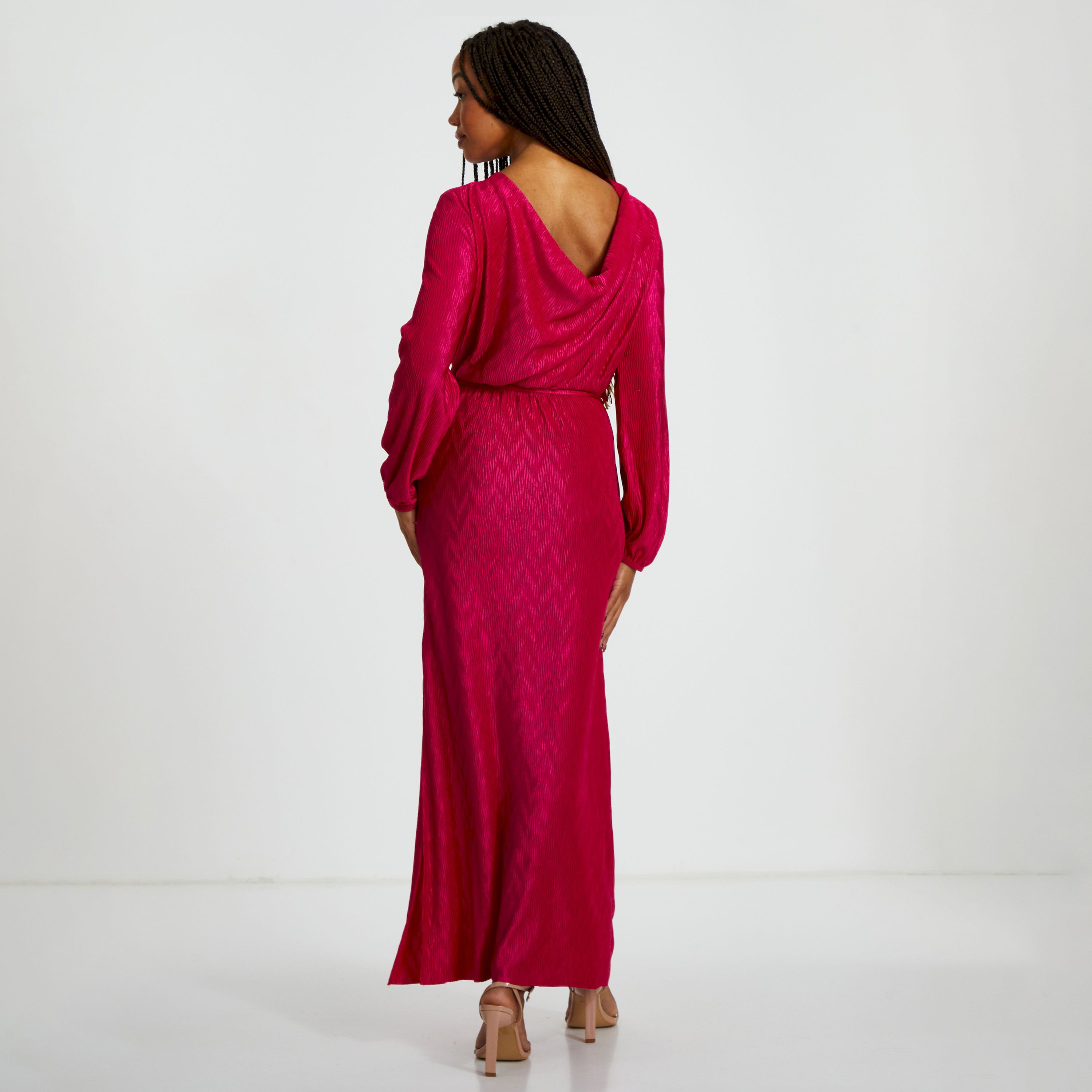 كويز-  فستان ميدي بحزام مموج مطوي لون أرجواني-women-clothing-dresses-image-3