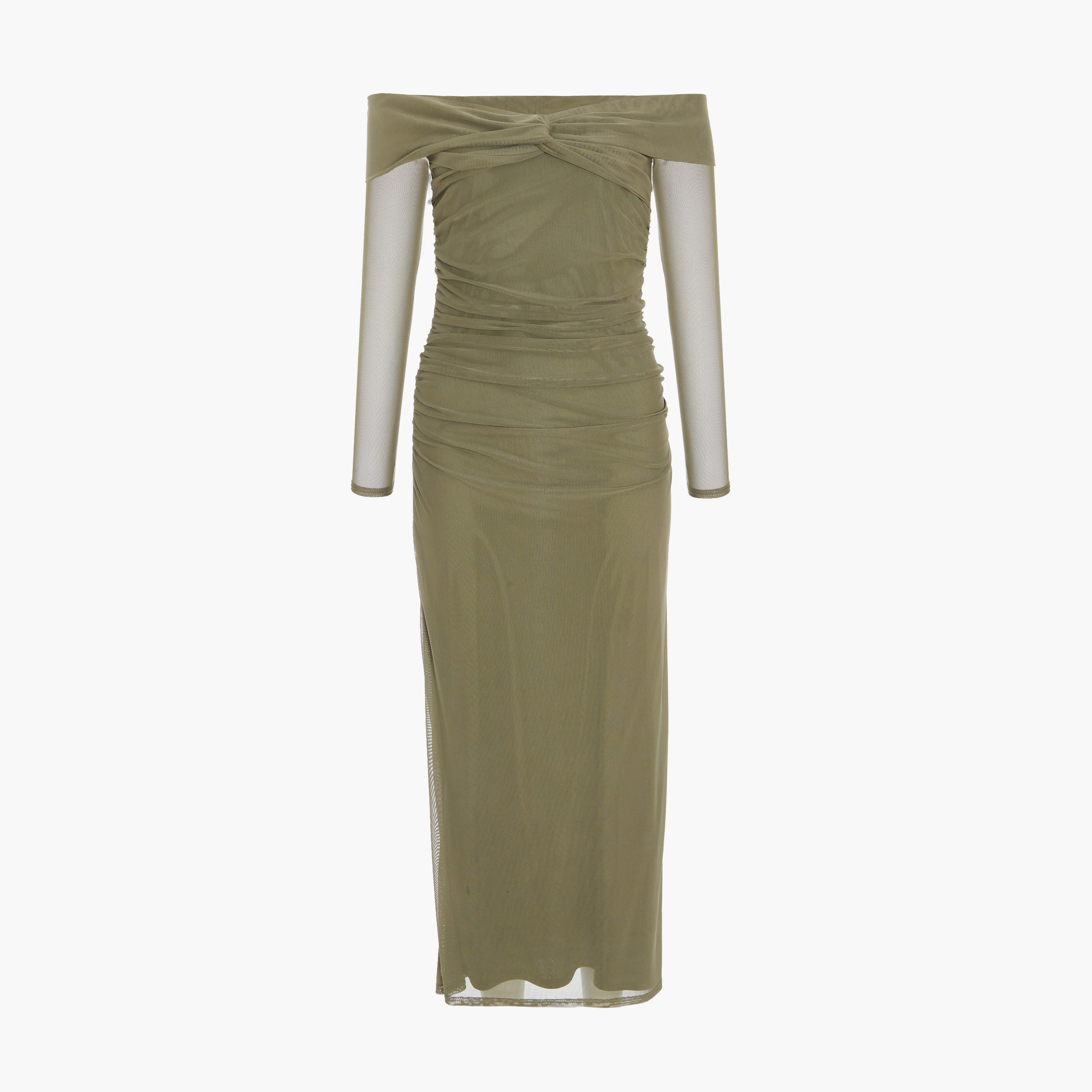 Quiz Khaki Mesh Twist Front Bardot Midaxi Dress-women-clothing-dresses-image-5
