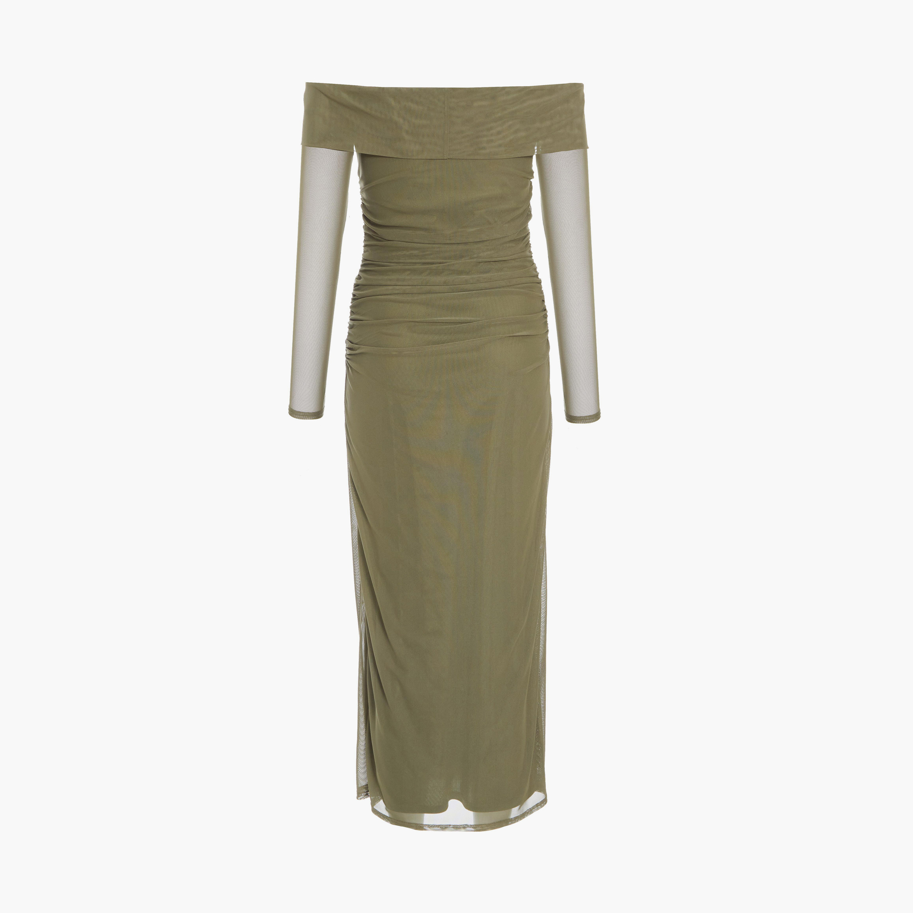 Quiz Khaki Mesh Twist Front Bardot Midaxi Dress-women-clothing-dresses-image-6
