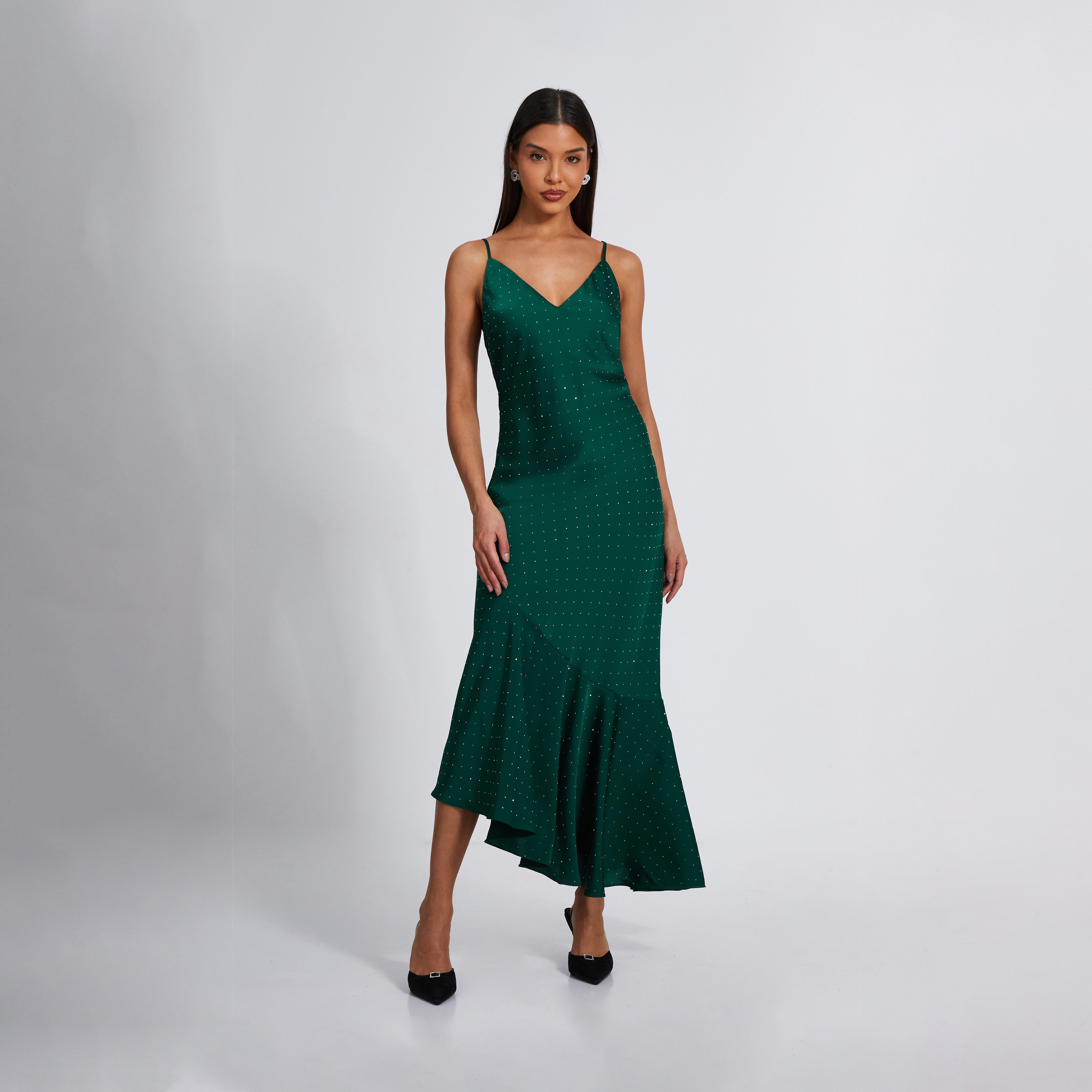 Quiz Bottle Green Satin V Neck Stud Asymmetric Midaxi Evening Dress-women-clothing-dresses-image-1