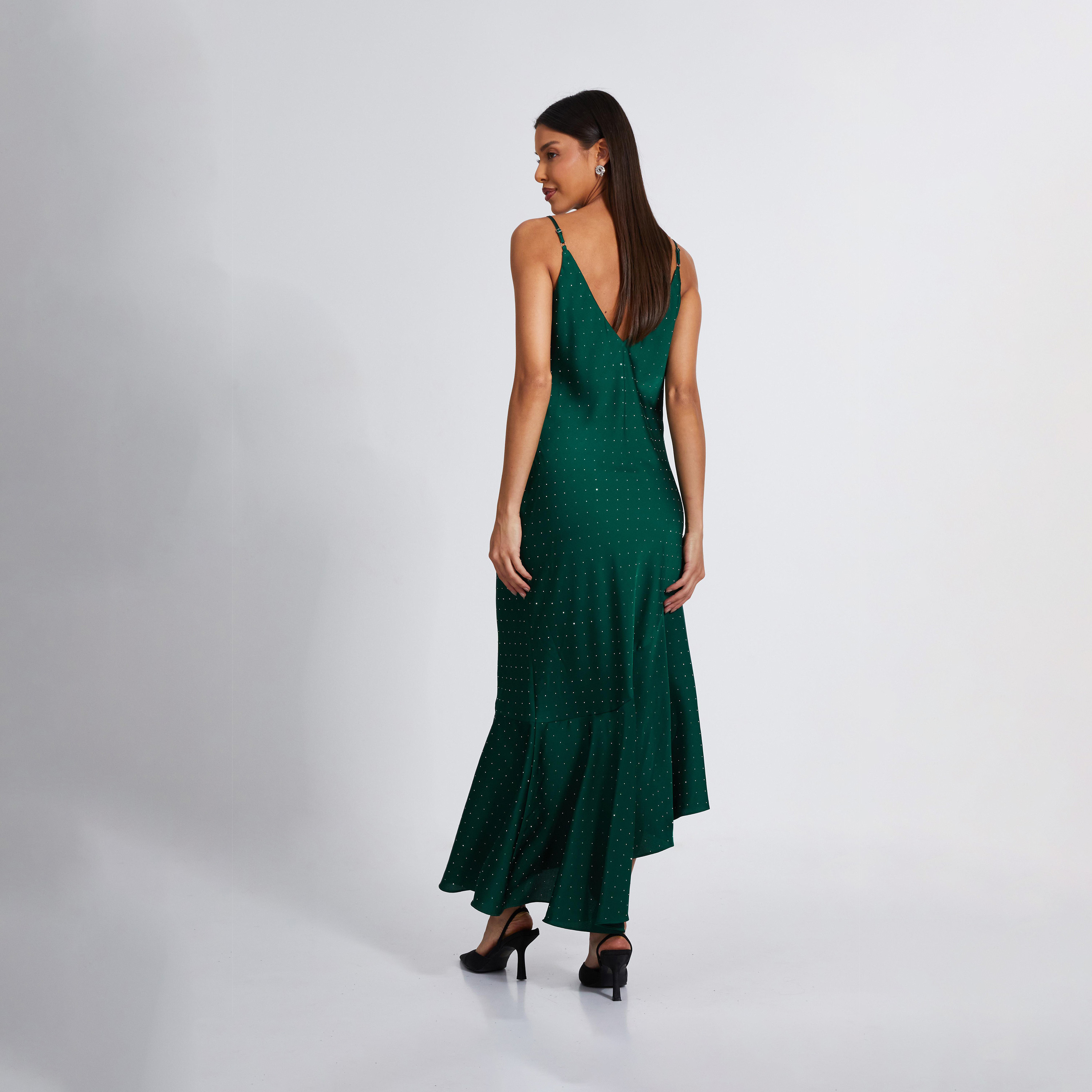 Quiz Bottle Green Satin V Neck Stud Asymmetric Midaxi Evening Dress-women-clothing-dresses-image-2