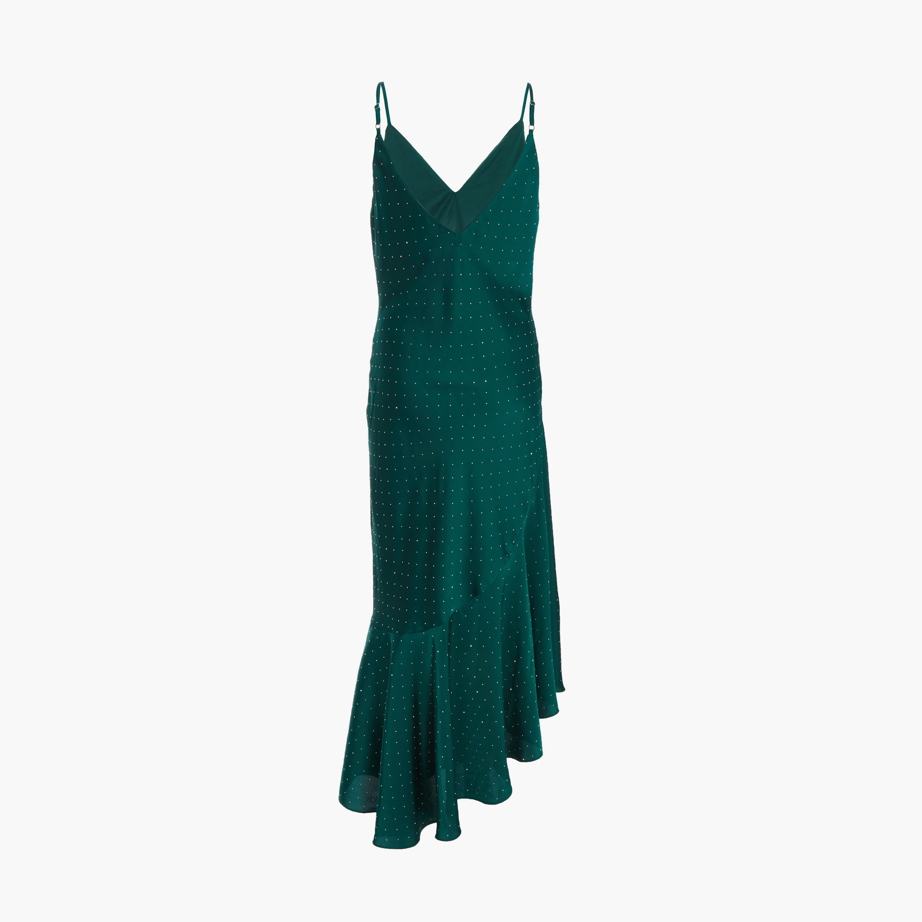 Quiz Bottle Green Satin V Neck Stud Asymmetric Midaxi Evening Dress-women-clothing-dresses-image-6