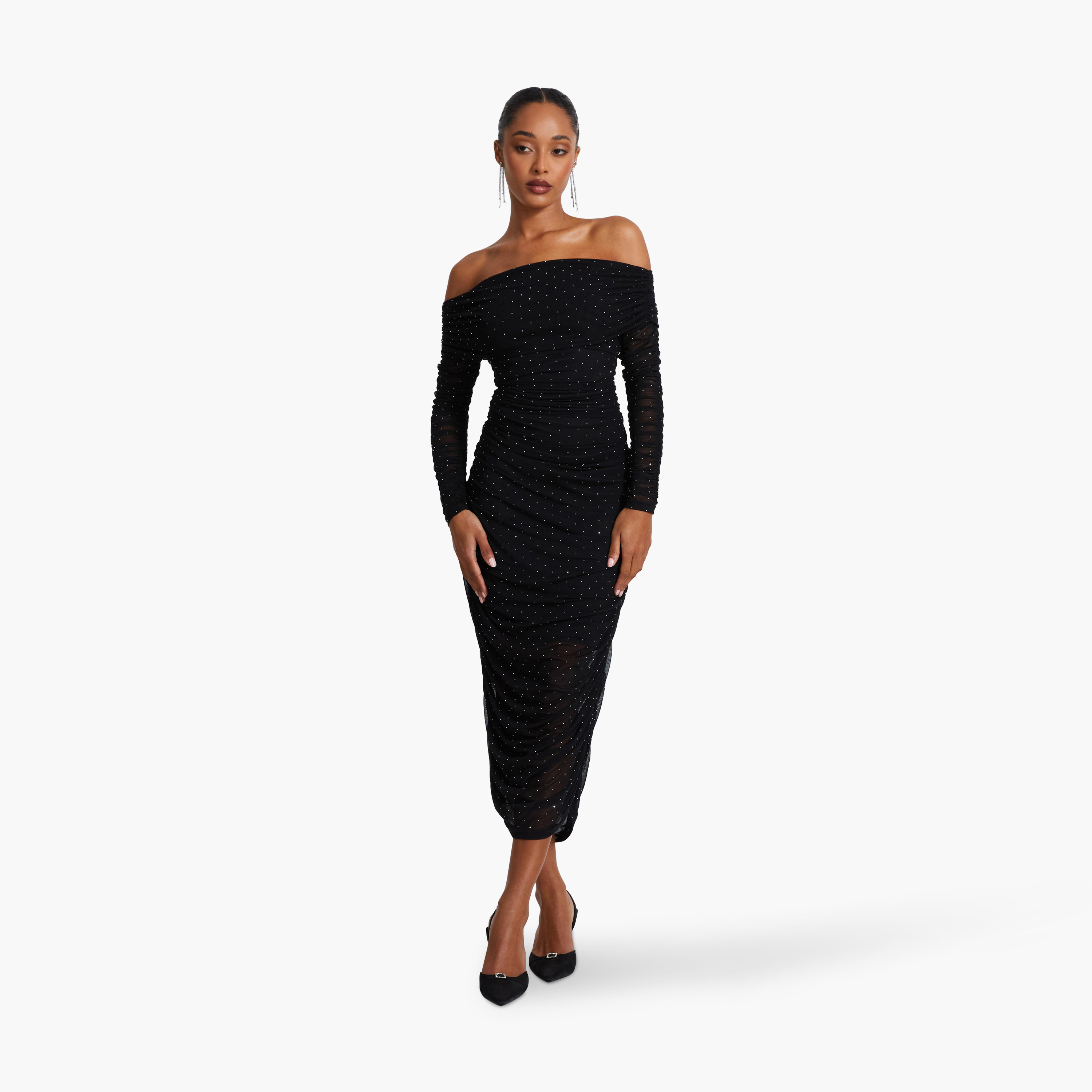 كويز-  فستان سهرة أسود شبكي وكشكشة وأكمام طويلة شبكي وباردو وأزرار-women-clothing-dresses-image-1