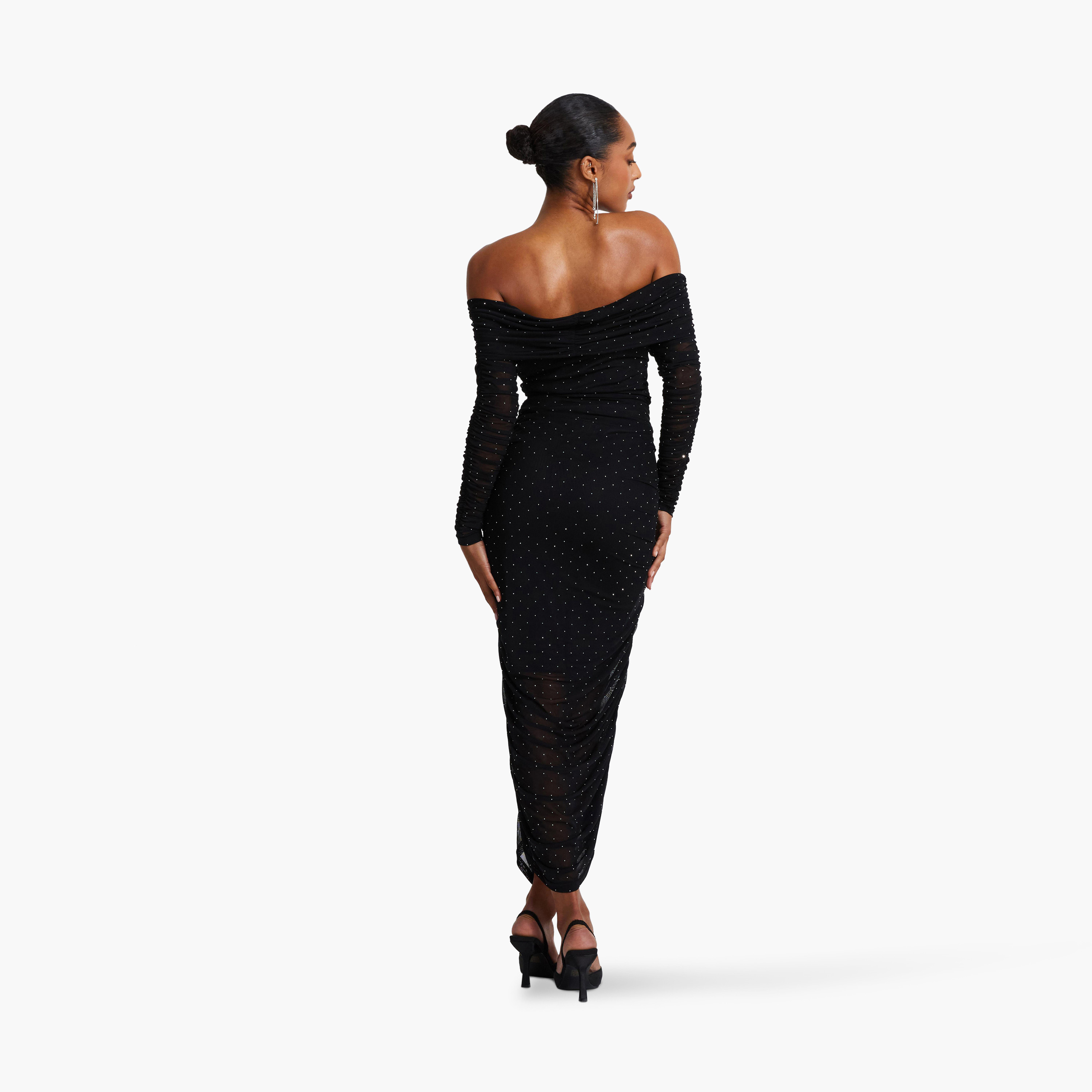 كويز-  فستان سهرة أسود شبكي وكشكشة وأكمام طويلة شبكي وباردو وأزرار-women-clothing-dresses-image-2