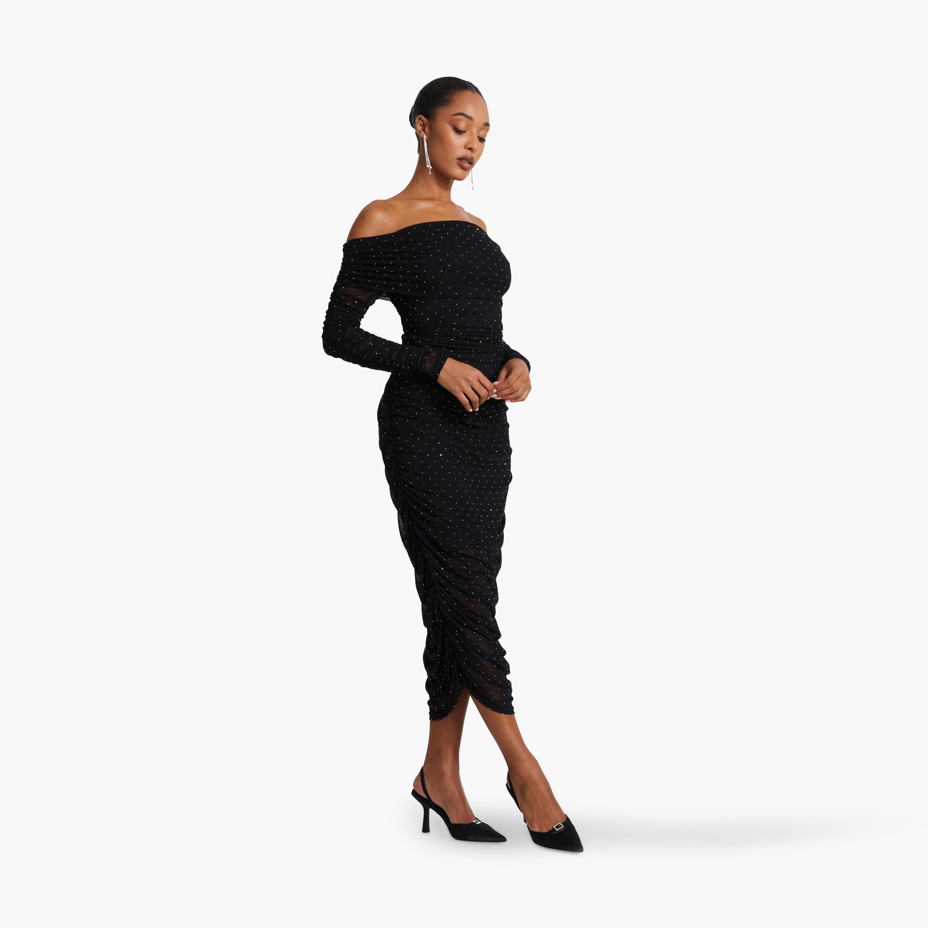 كويز-  فستان سهرة أسود شبكي وكشكشة وأكمام طويلة شبكي وباردو وأزرار-women-clothing-dresses-image-3