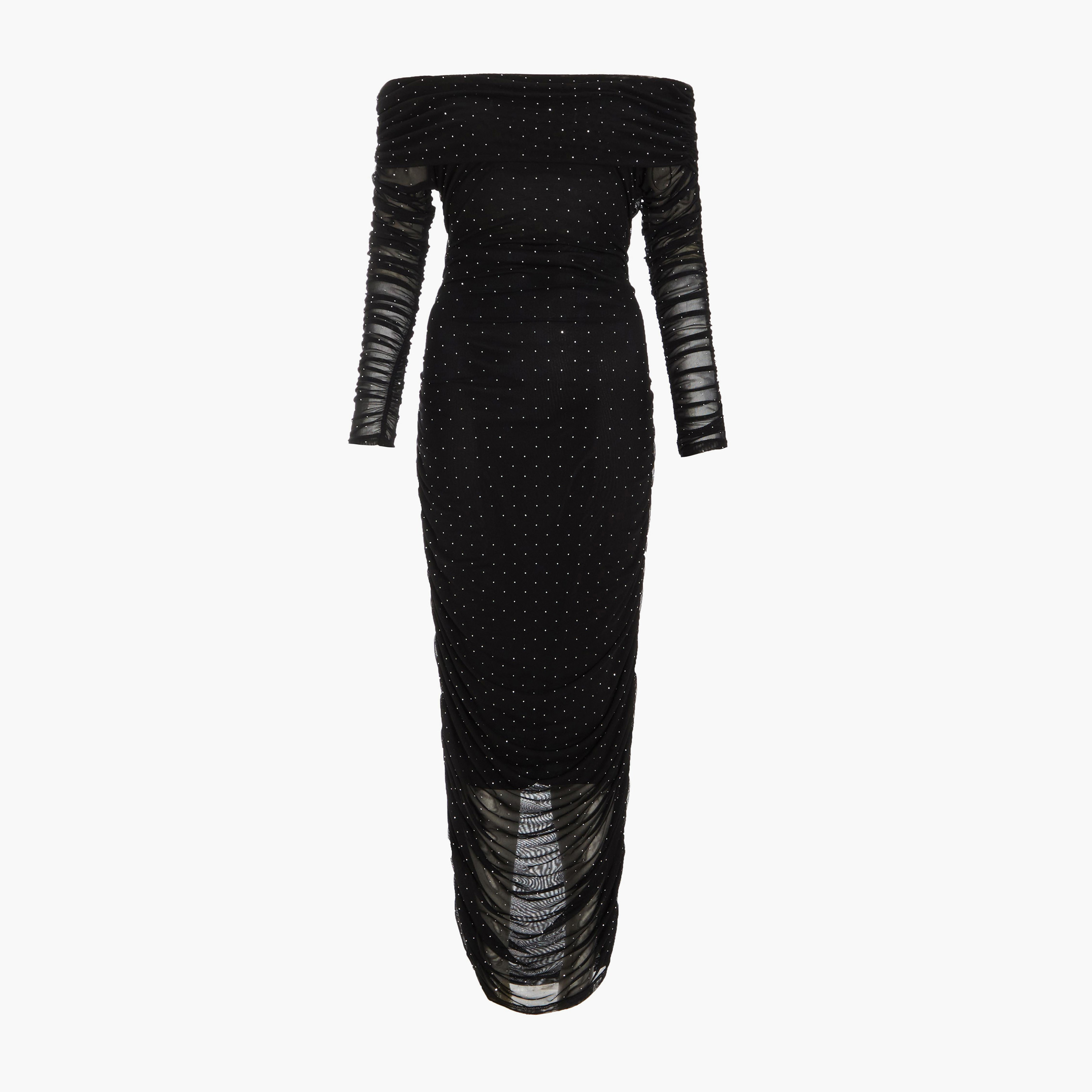 Quiz Black Mesh Studded Bardot Long Sleeve Midaxi Evening Dress-women-clothing-dresses-image-5