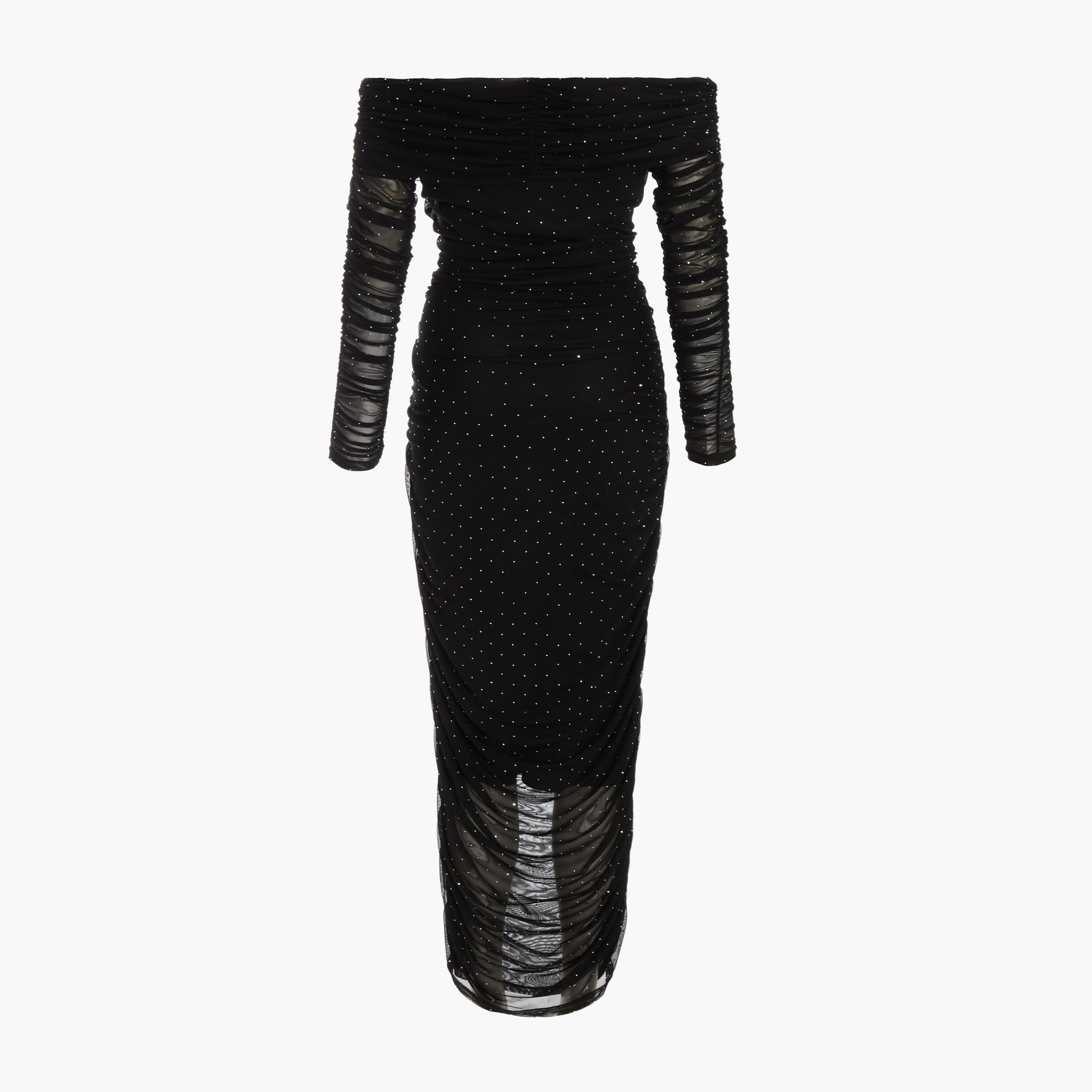 Quiz Black Mesh Studded Bardot Long Sleeve Midaxi Evening Dress-women-clothing-dresses-image-6