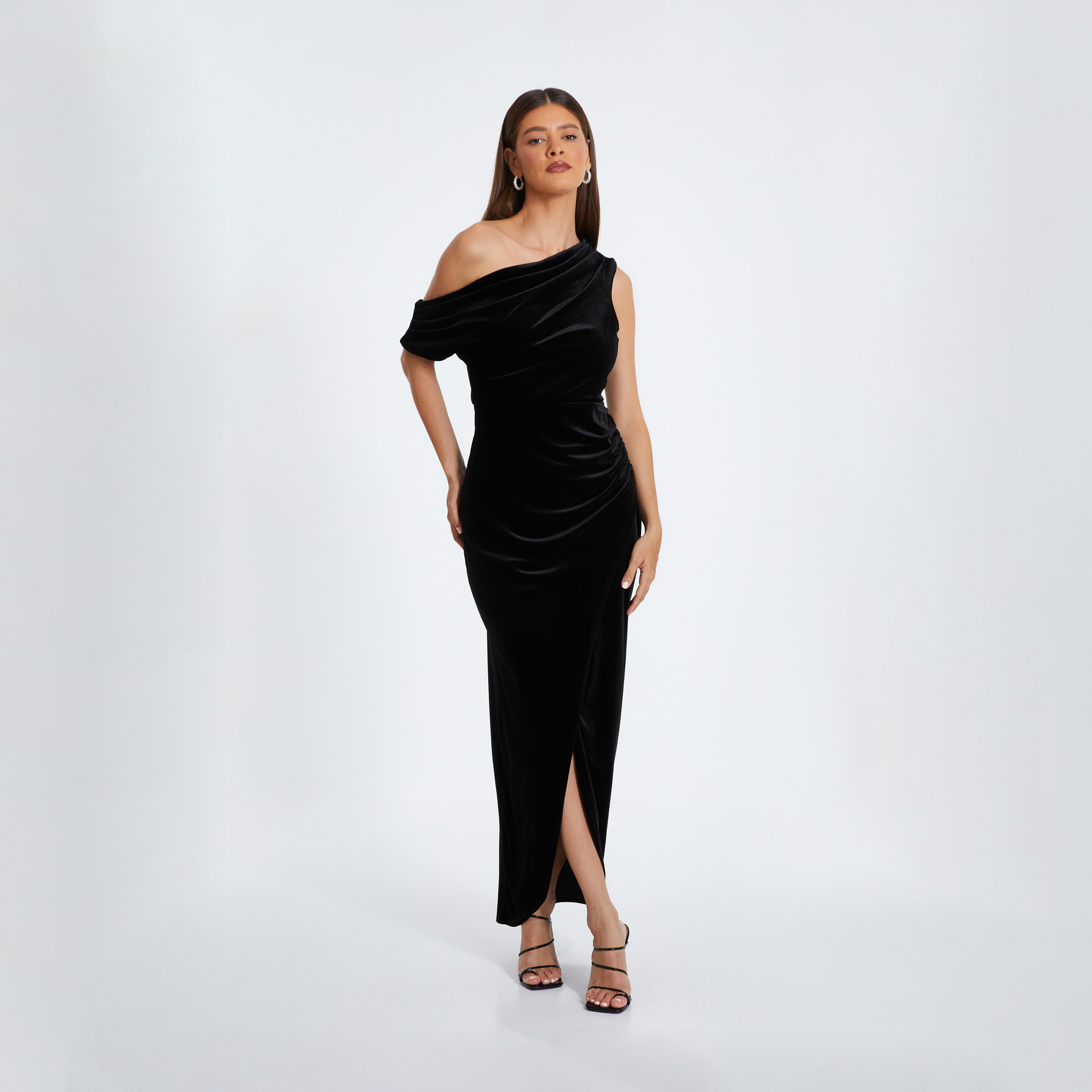 Quiz Velvet Asymmetric Midaxi Black Evening Dress-women-clothing-dresses-image-1