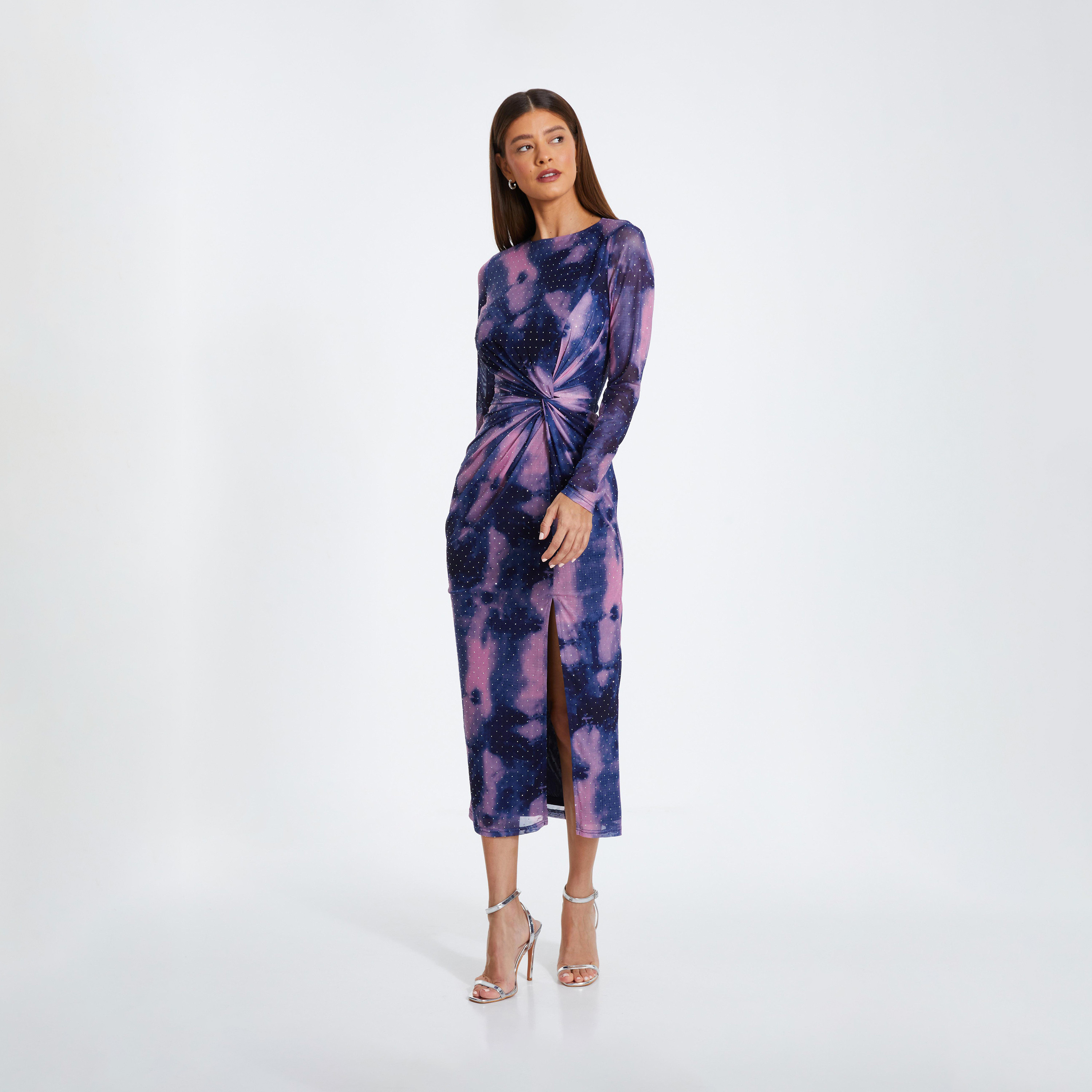 كويز- فستان سهرة ميدي بعقدة أمامية من قماش شبكي رخامي باللون الأزرق الداكن-women-clothing-dresses-image-1
