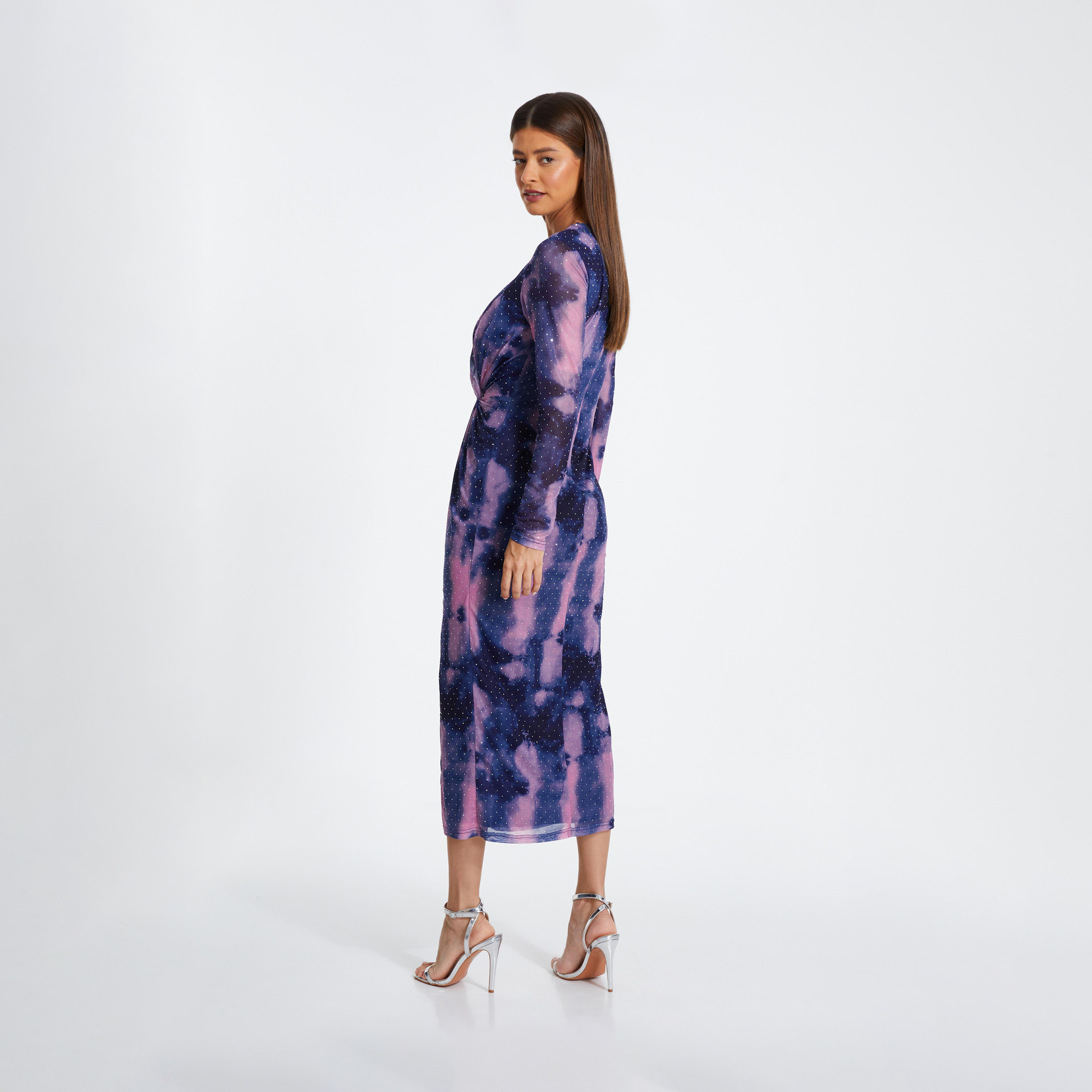 كويز- فستان سهرة ميدي بعقدة أمامية من قماش شبكي رخامي باللون الأزرق الداكن-women-clothing-dresses-image-2