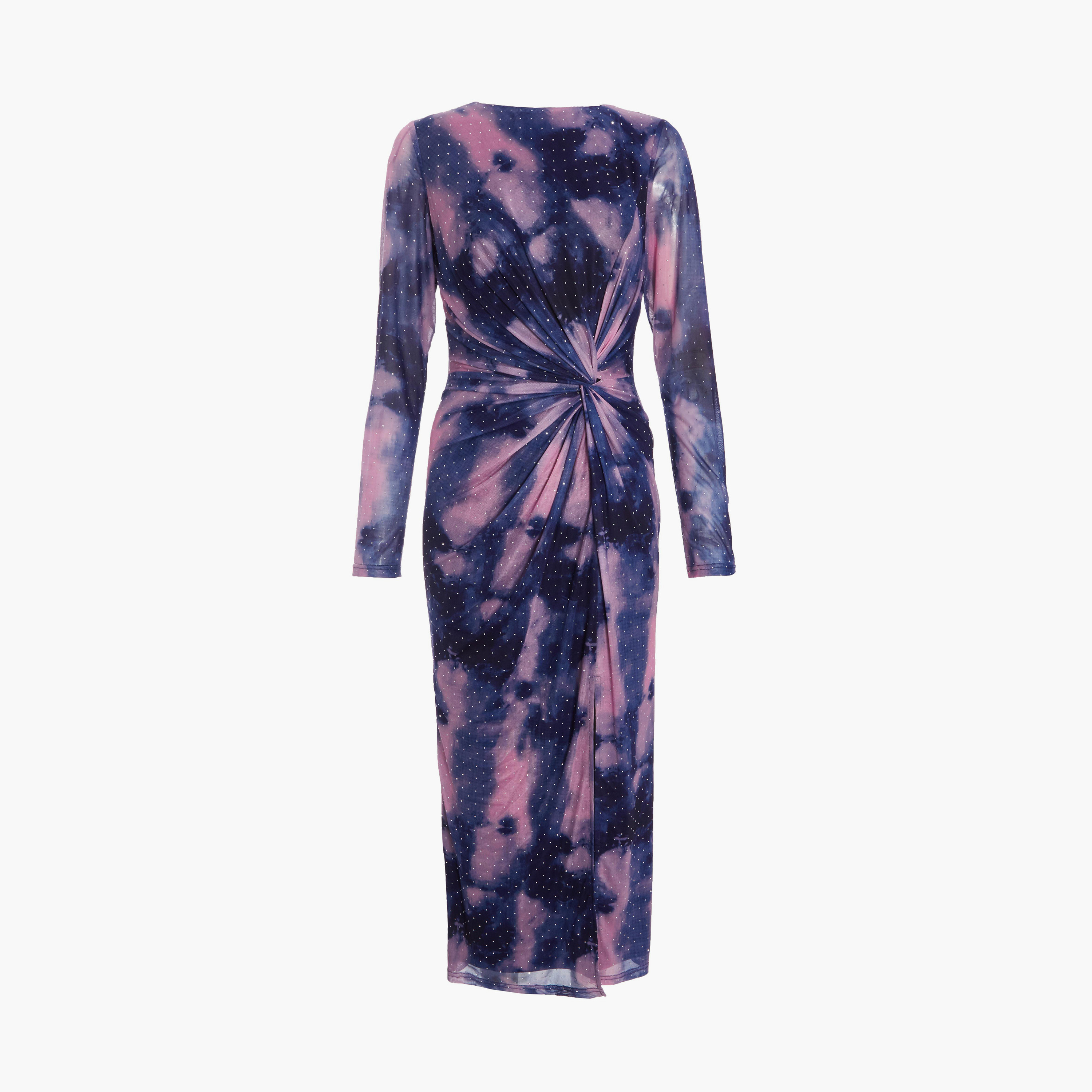 كويز- فستان سهرة ميدي بعقدة أمامية من قماش شبكي رخامي باللون الأزرق الداكن-women-clothing-dresses-image-5
