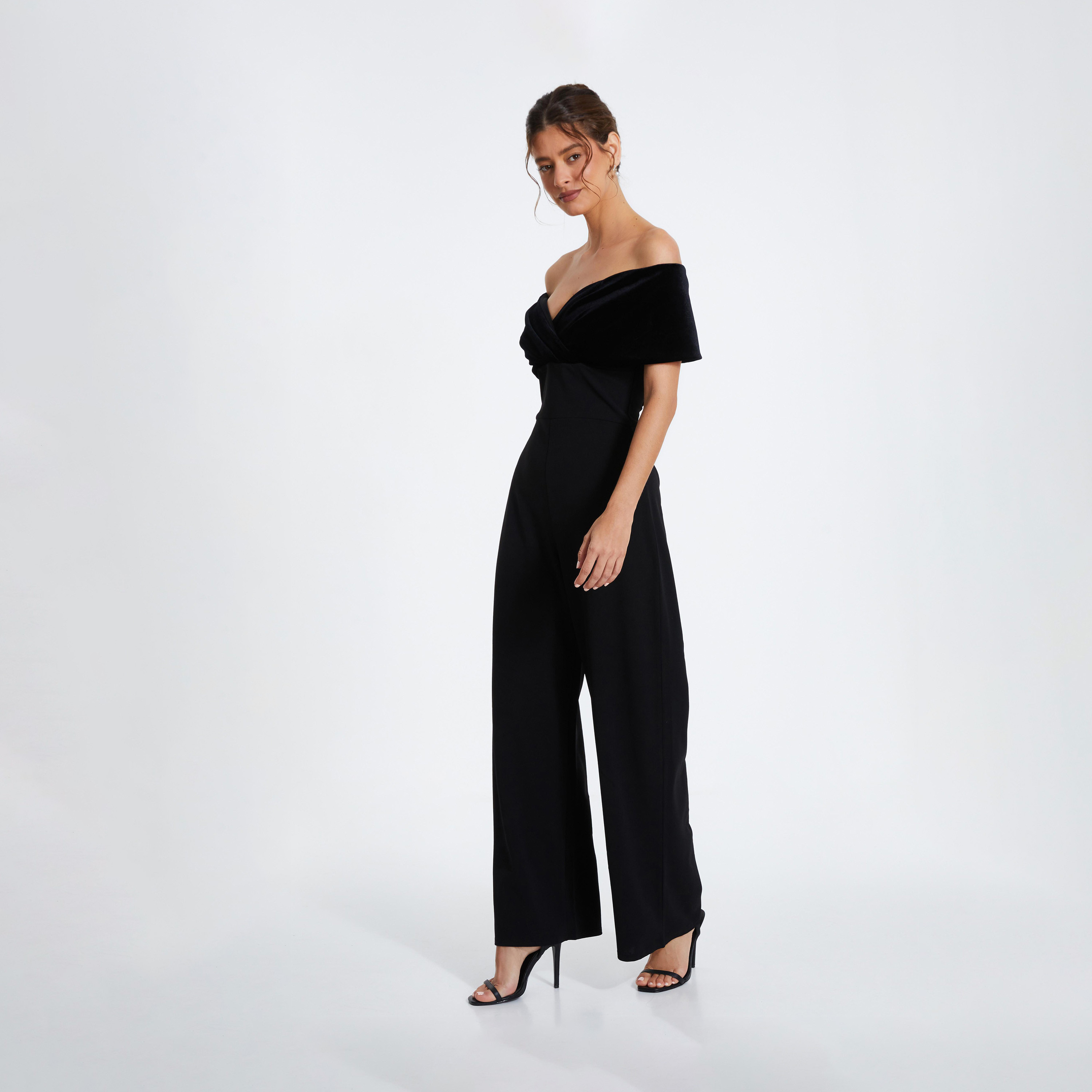 Quiz Black Velvet and Scuba Crepe Bardot Jumpsuit-women-clothing-jumpsuits-image-2