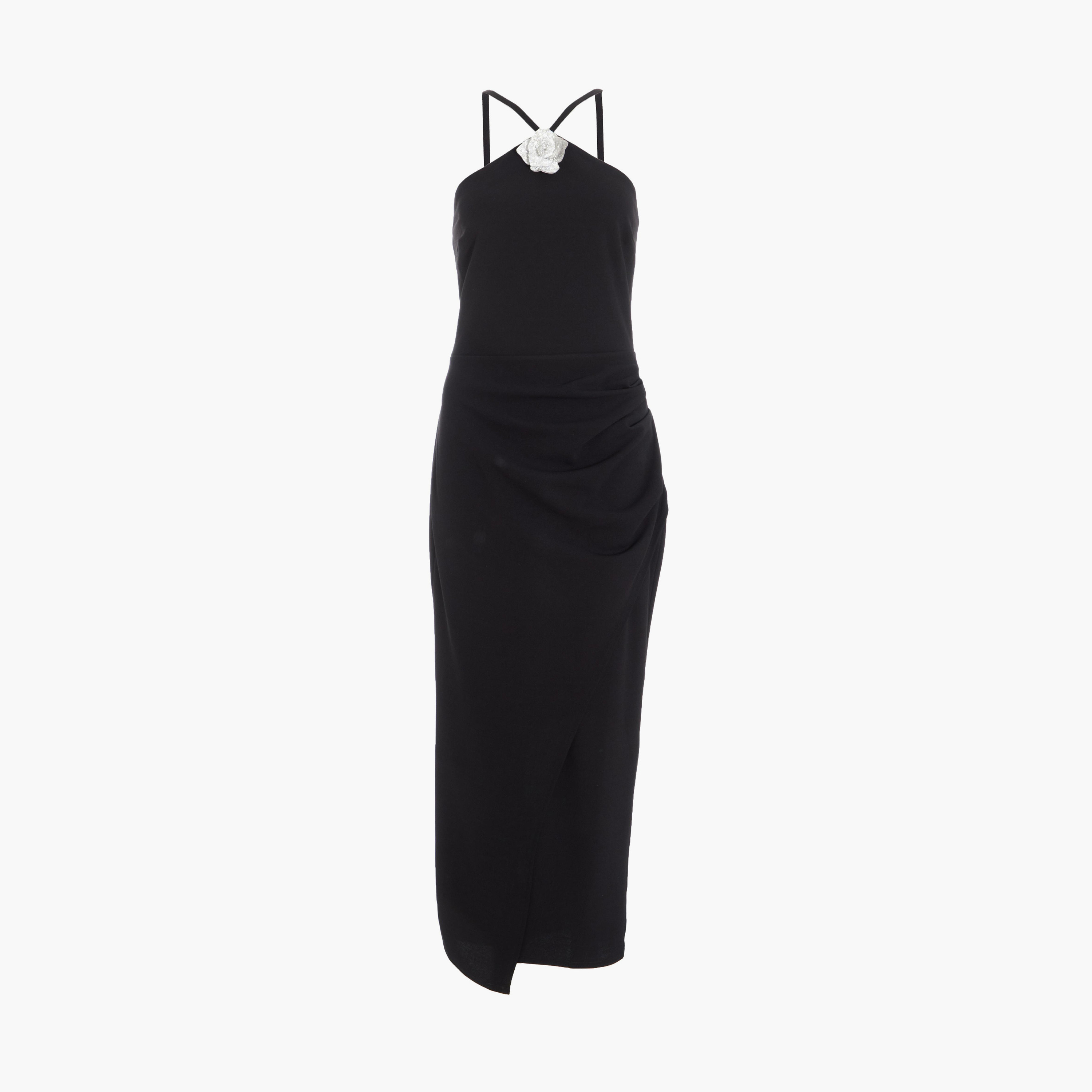 كويز- فستان سهرة ميدي أسود بكتف مكشوف من الكريب الأسود مع صدرية من الماس-women-clothing-dresses-image-5