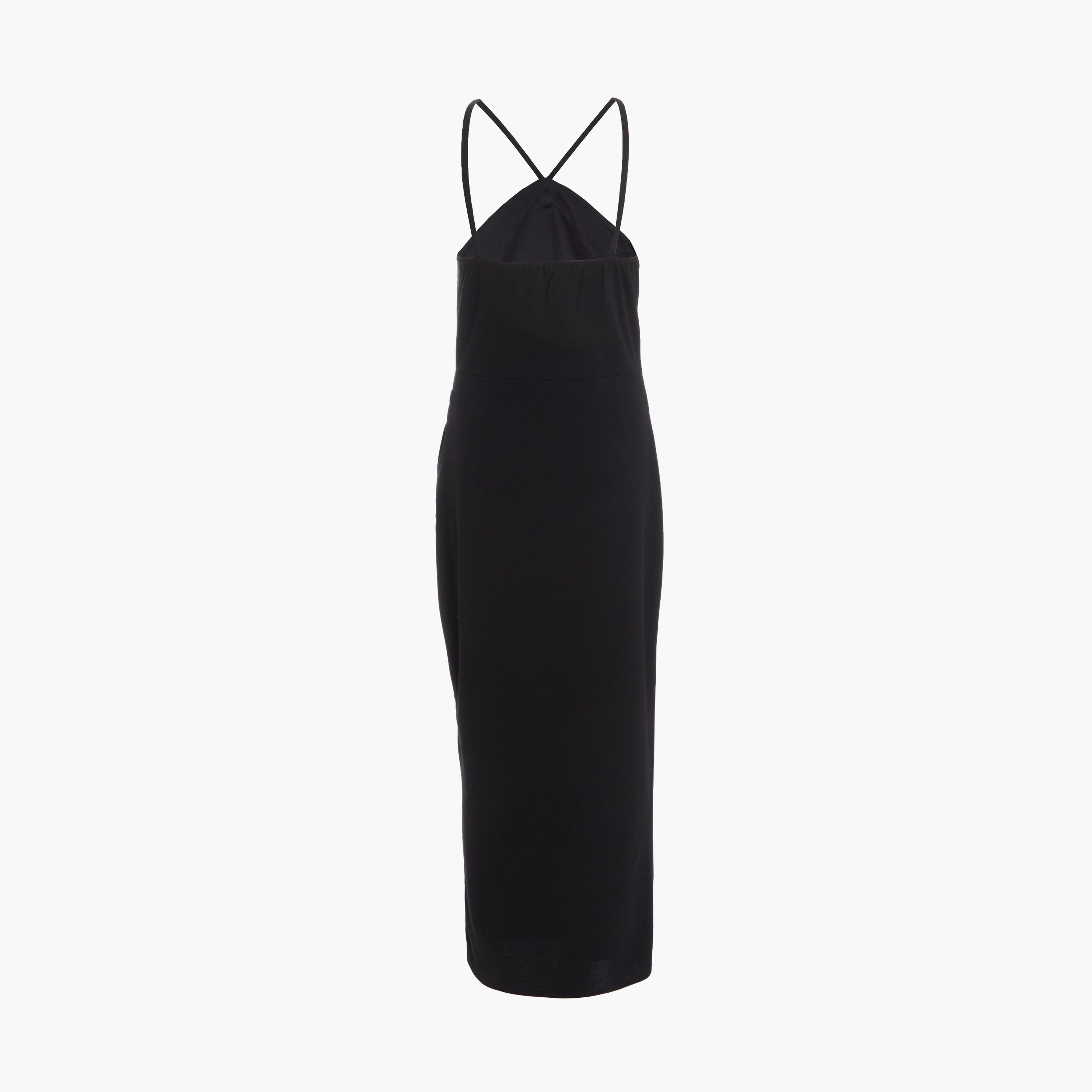 كويز- فستان سهرة ميدي أسود بكتف مكشوف من الكريب الأسود مع صدرية من الماس-women-clothing-dresses-image-6