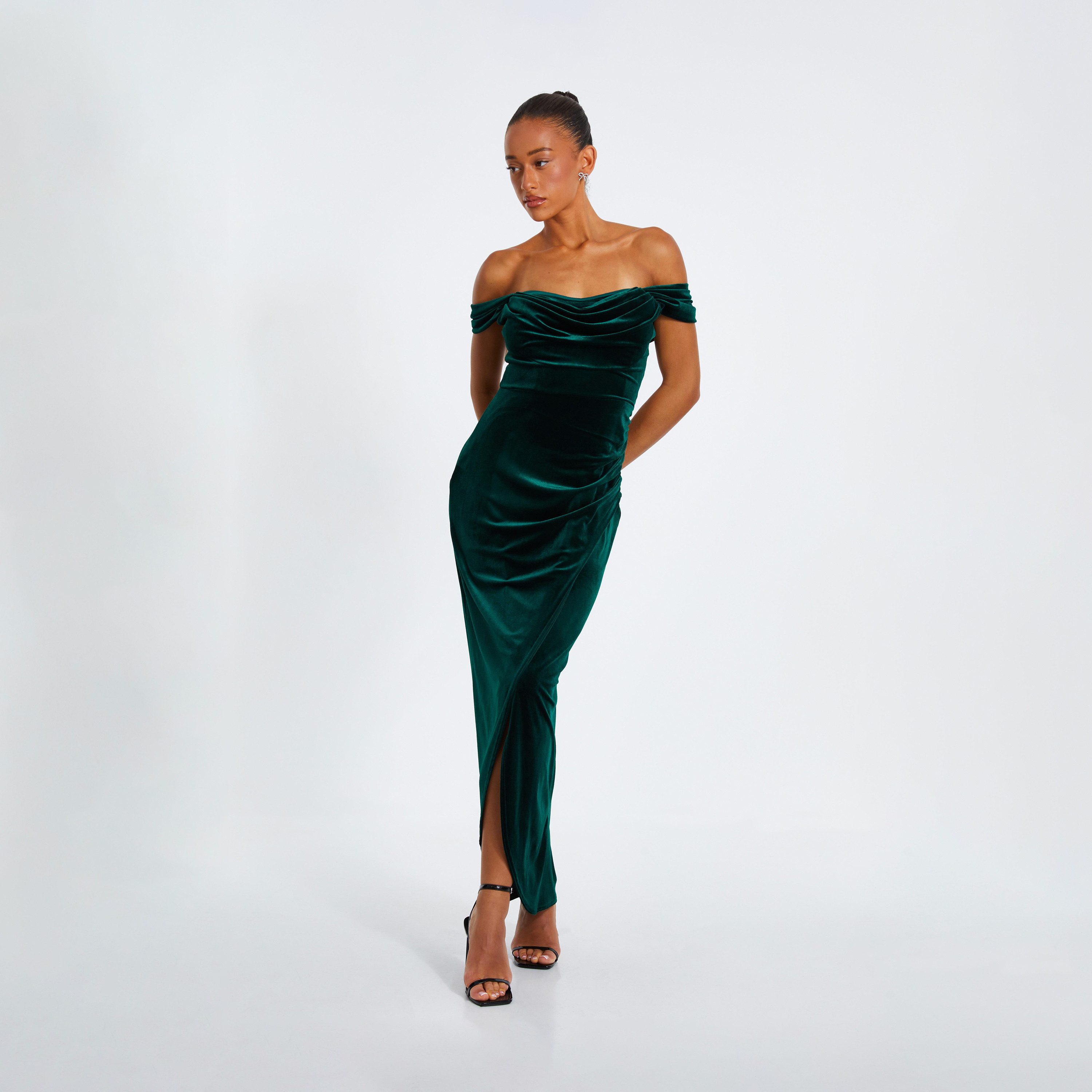 Quiz Bottle Green Velvet Cowl Detail Bardot Evening Wear Maxi Dress-women-clothing-dresses-image-1