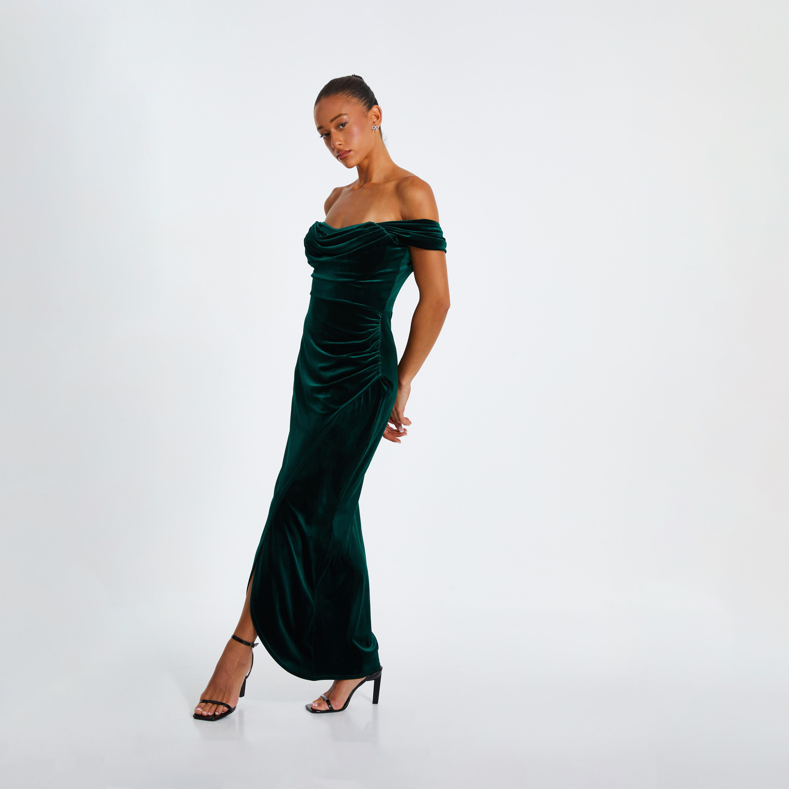 Quiz Bottle Green Velvet Cowl Detail Bardot Evening Wear Maxi Dress-women-clothing-dresses-image-3