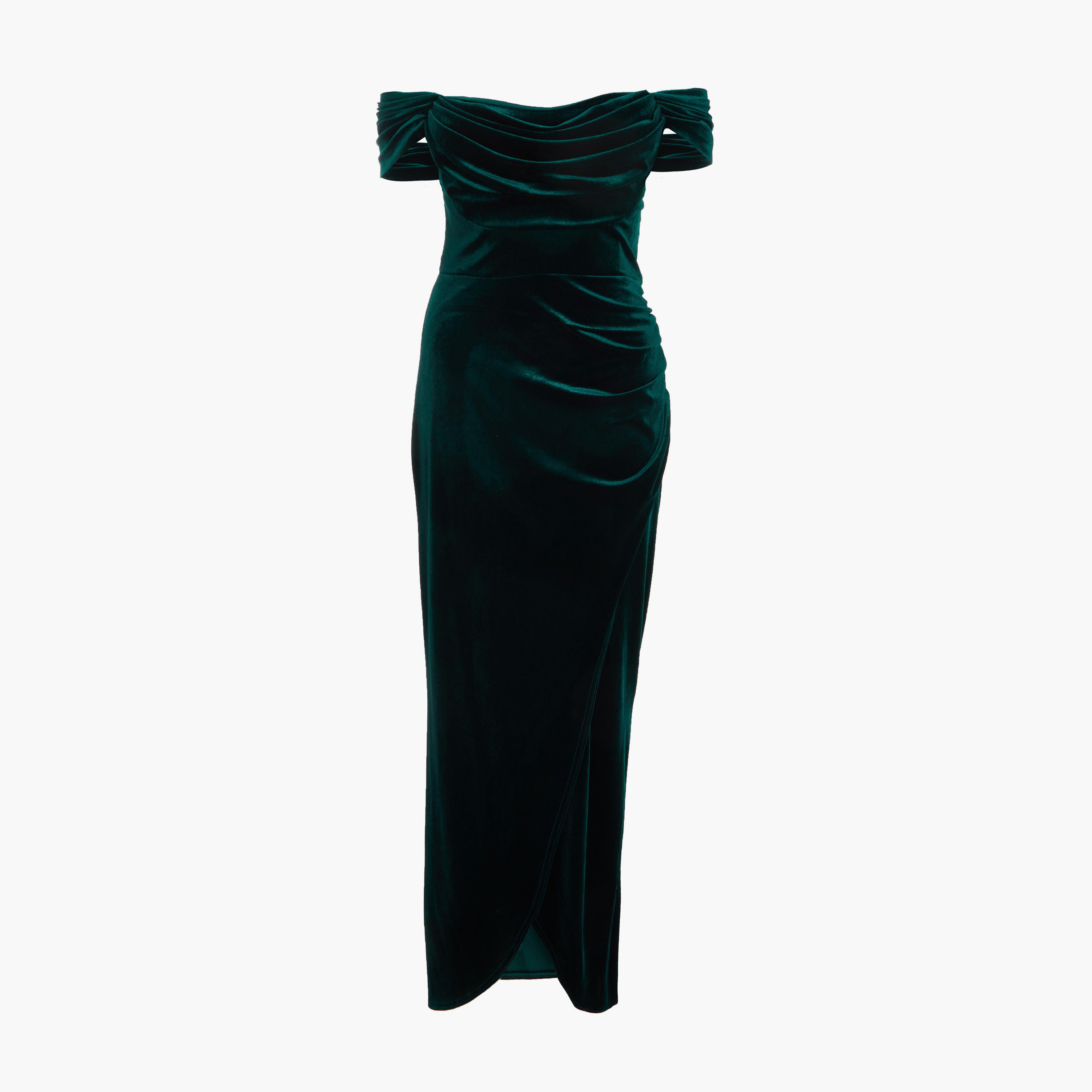 Quiz Bottle Green Velvet Cowl Detail Bardot Evening Wear Maxi Dress-women-clothing-dresses-image-5