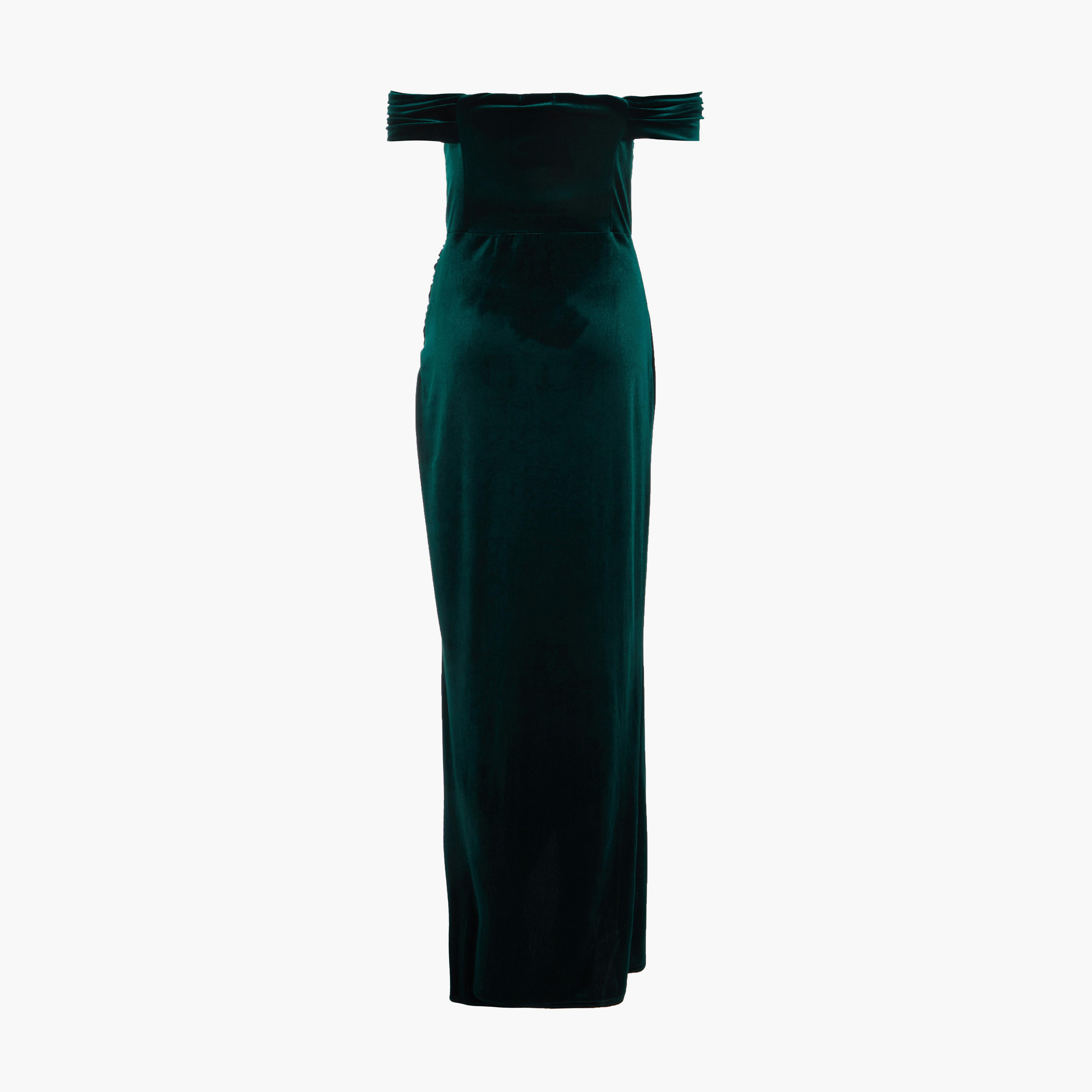 Quiz Bottle Green Velvet Cowl Detail Bardot Evening Wear Maxi Dress-women-clothing-dresses-image-6