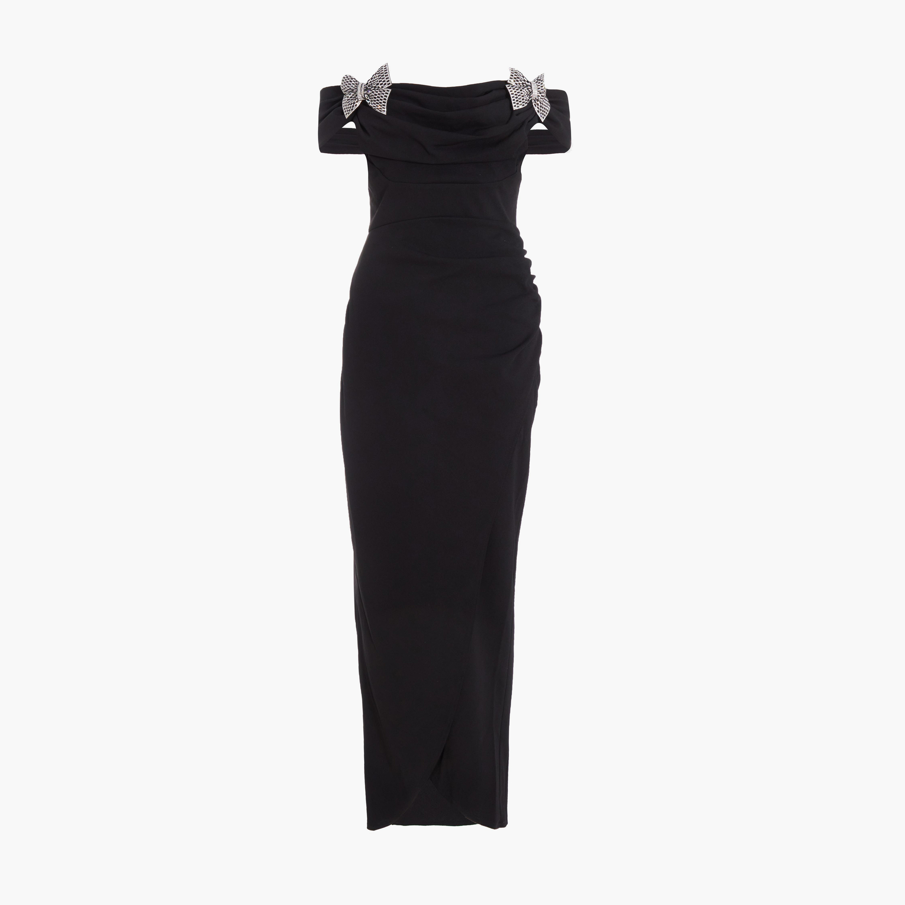 كويز-  فستان ماكسي سهرة من قماش الكريب سكوبا بشريط زخرفي أسود باردوت-women-clothing-dresses-image-4