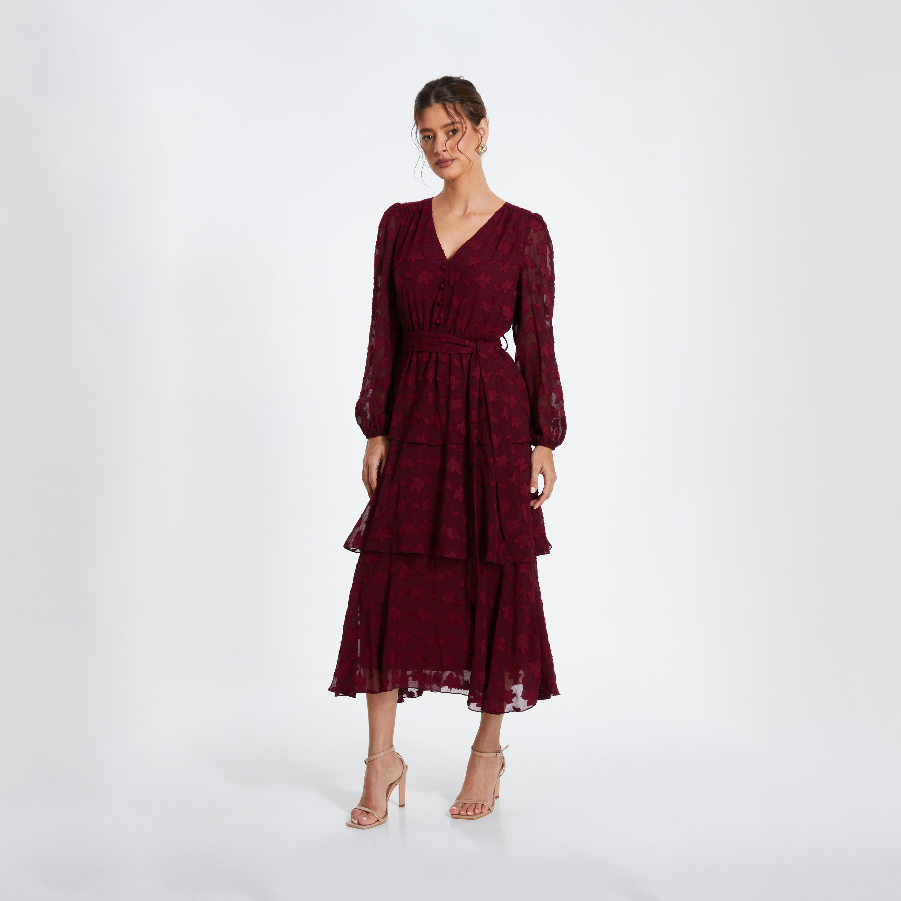 Quiz Berry Jacquard Tiered Midi Dress-women-clothing-dresses-image-1
