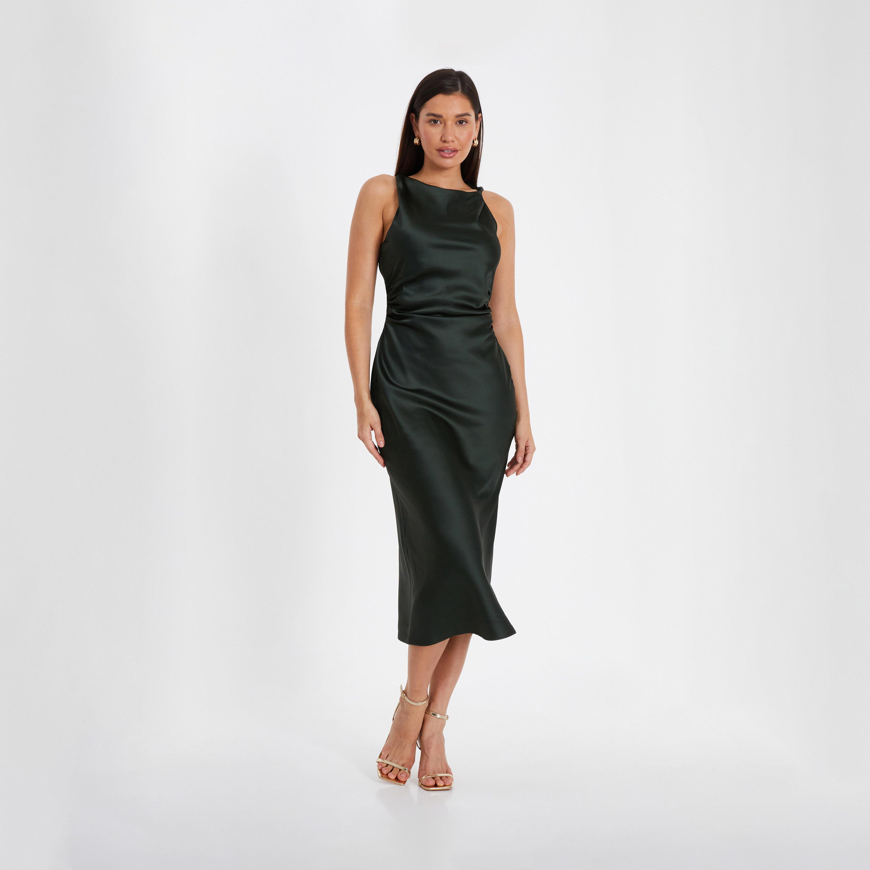 كويز- فستان سهرة ميدي بقصّة باردو من قماش الساتان باللون الزيتوني-women-clothing-dresses-image-1