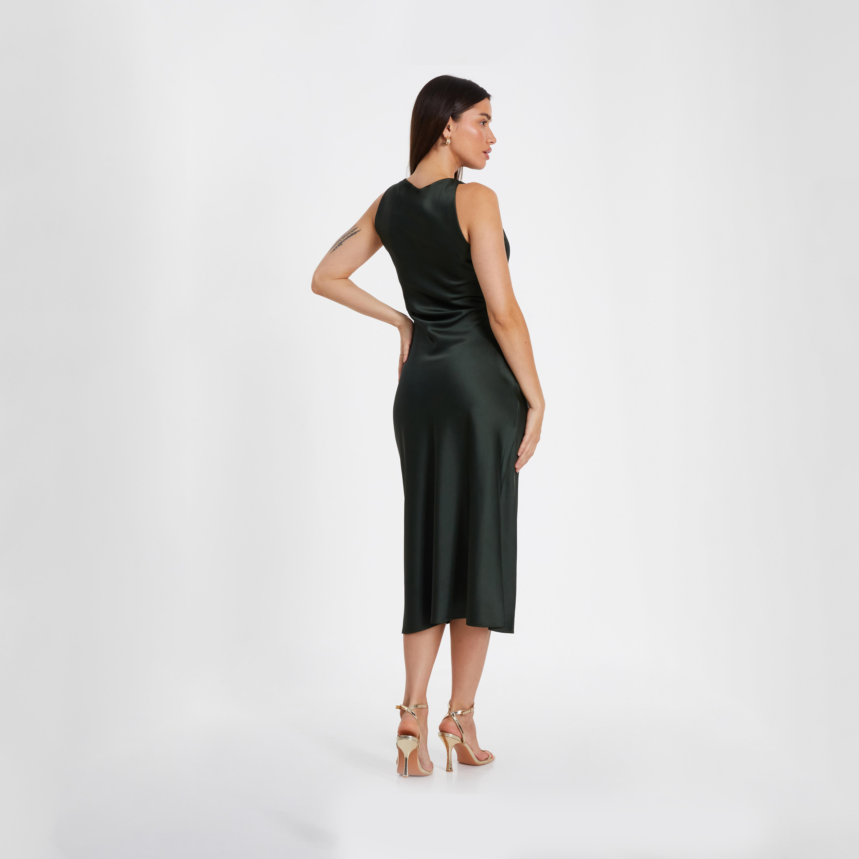 Quiz Olive Satin Twist Strap Evening Midi Dress-women-clothing-dresses-image-2