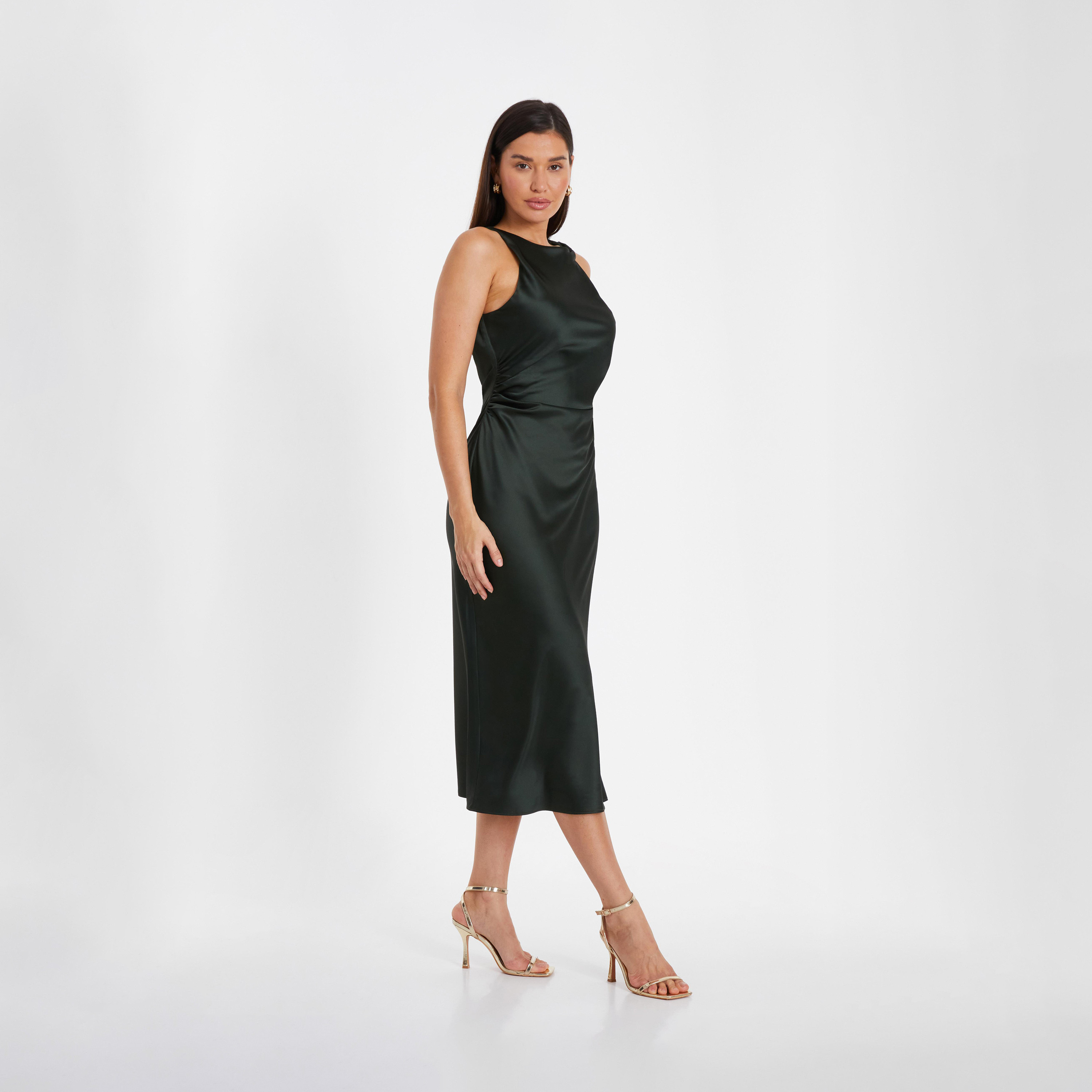 كويز- فستان سهرة ميدي بقصّة باردو من قماش الساتان باللون الزيتوني-women-clothing-dresses-image-3