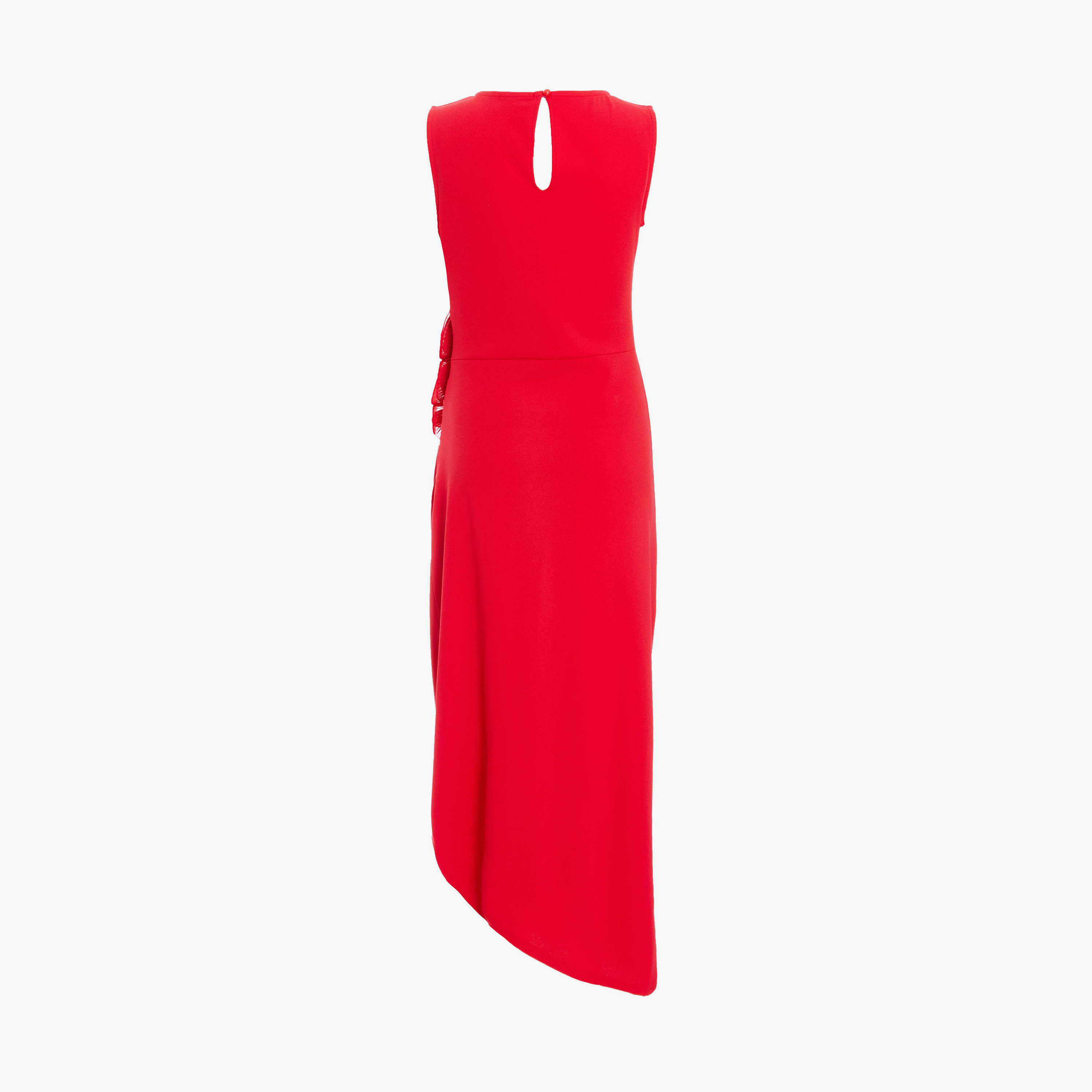 Quiz Red Scuba Crepe Round Neck Ruched Floral Asymmetric Midaxi Dress-women-clothing-dresses-image-6