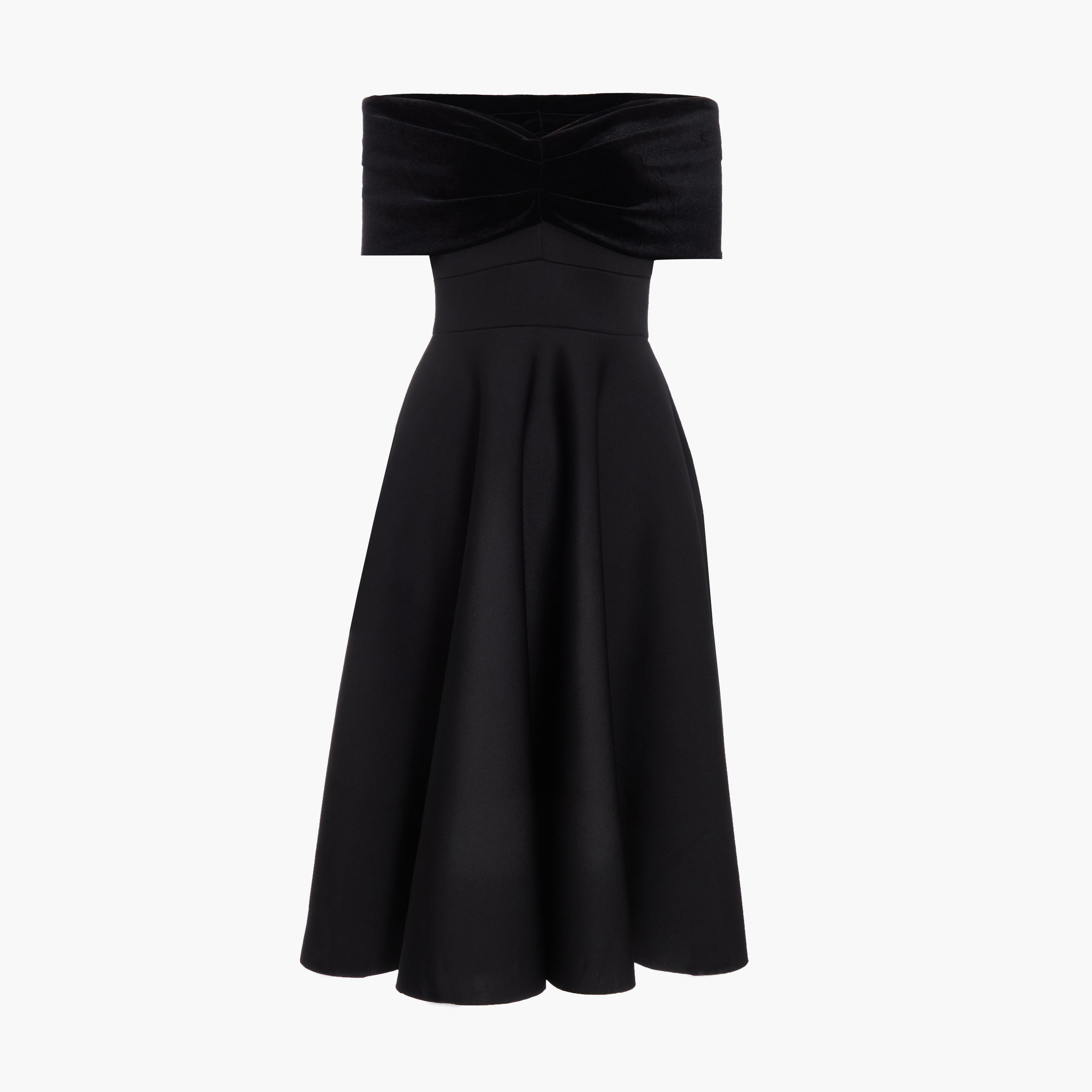 كويز- فستان سهرة ميدي أسود بكتف مكشوف من المخمل وفوم الكريب-women-clothing-dresses-image-5