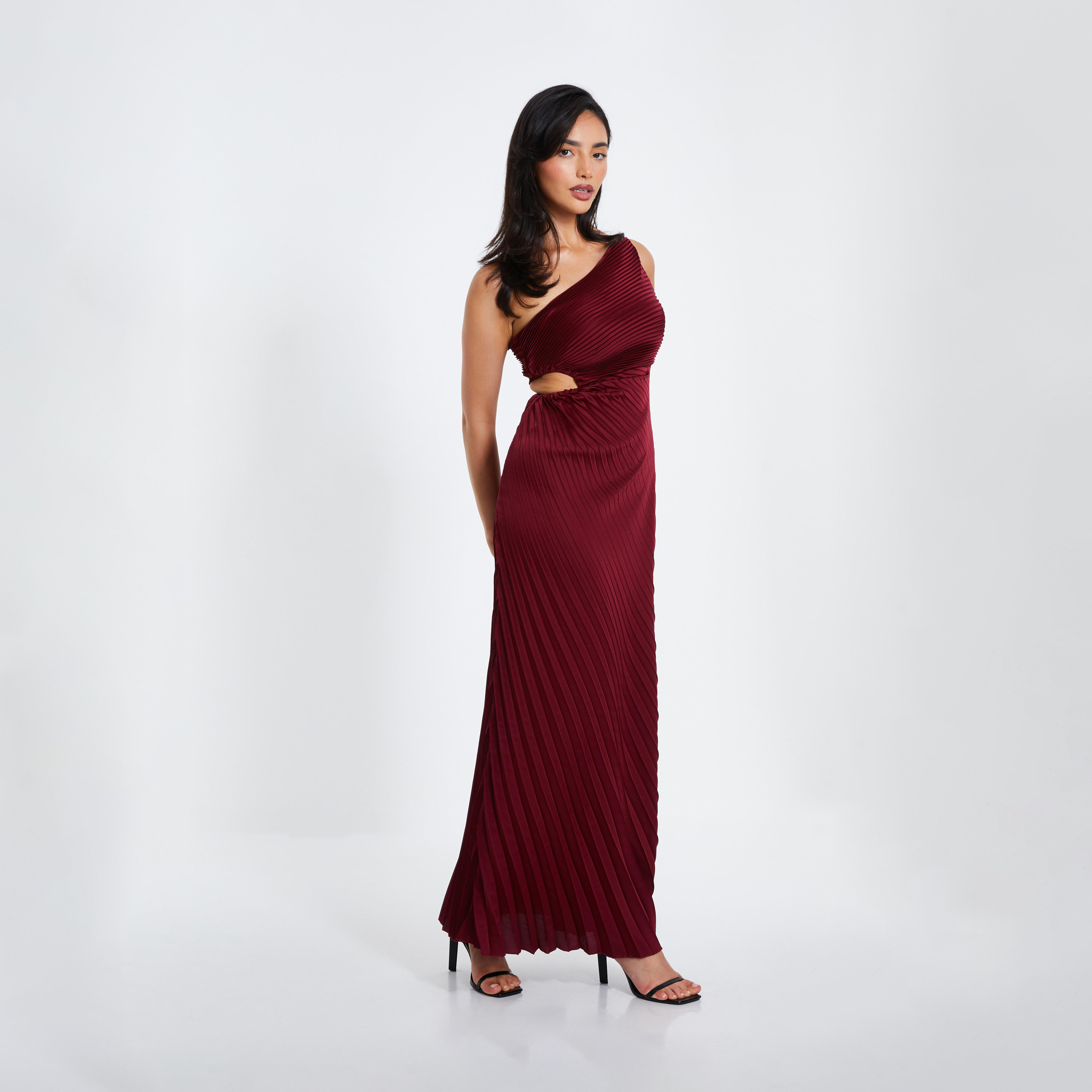Quiz Berry Satin Pleated One Shoulder Evening Wear Maxi Dress-women-clothing-dresses-image-3