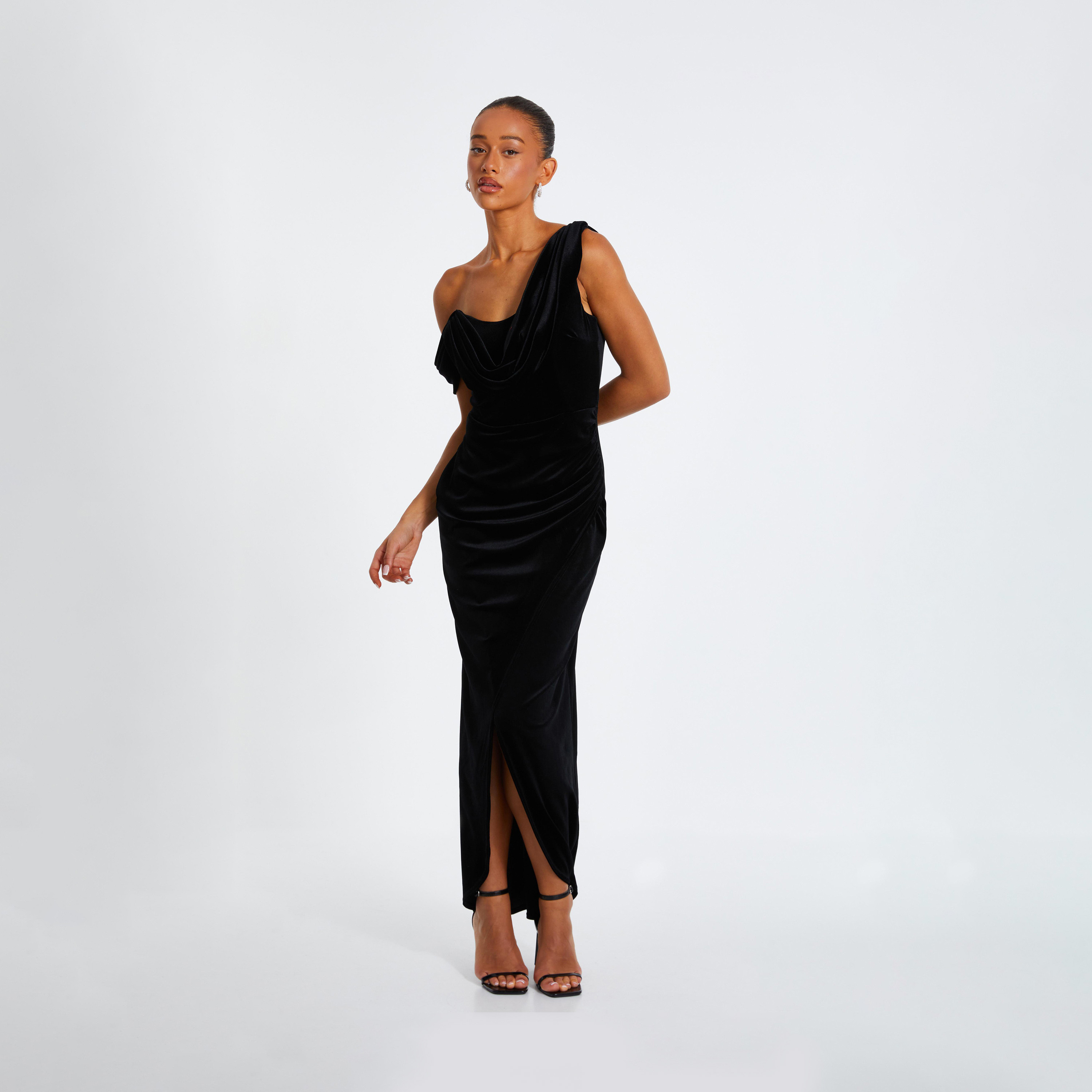 Quiz Black Velvet Asymmetric Cowl Detail Evening Wear Maxi Dress-women-clothing-dresses-image-1