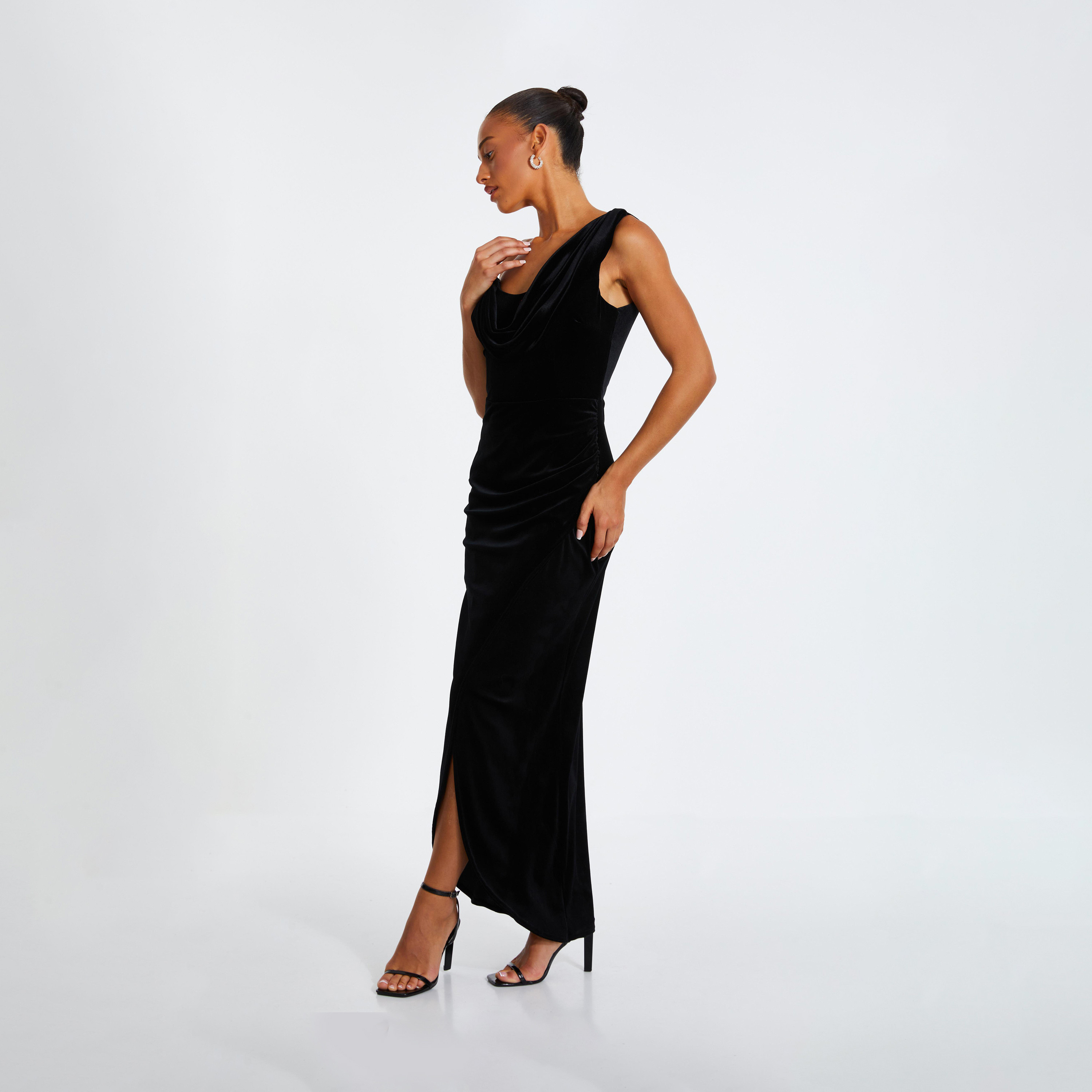 Quiz Black Velvet Asymmetric Cowl Detail Evening Wear Maxi Dress-women-clothing-dresses-image-3