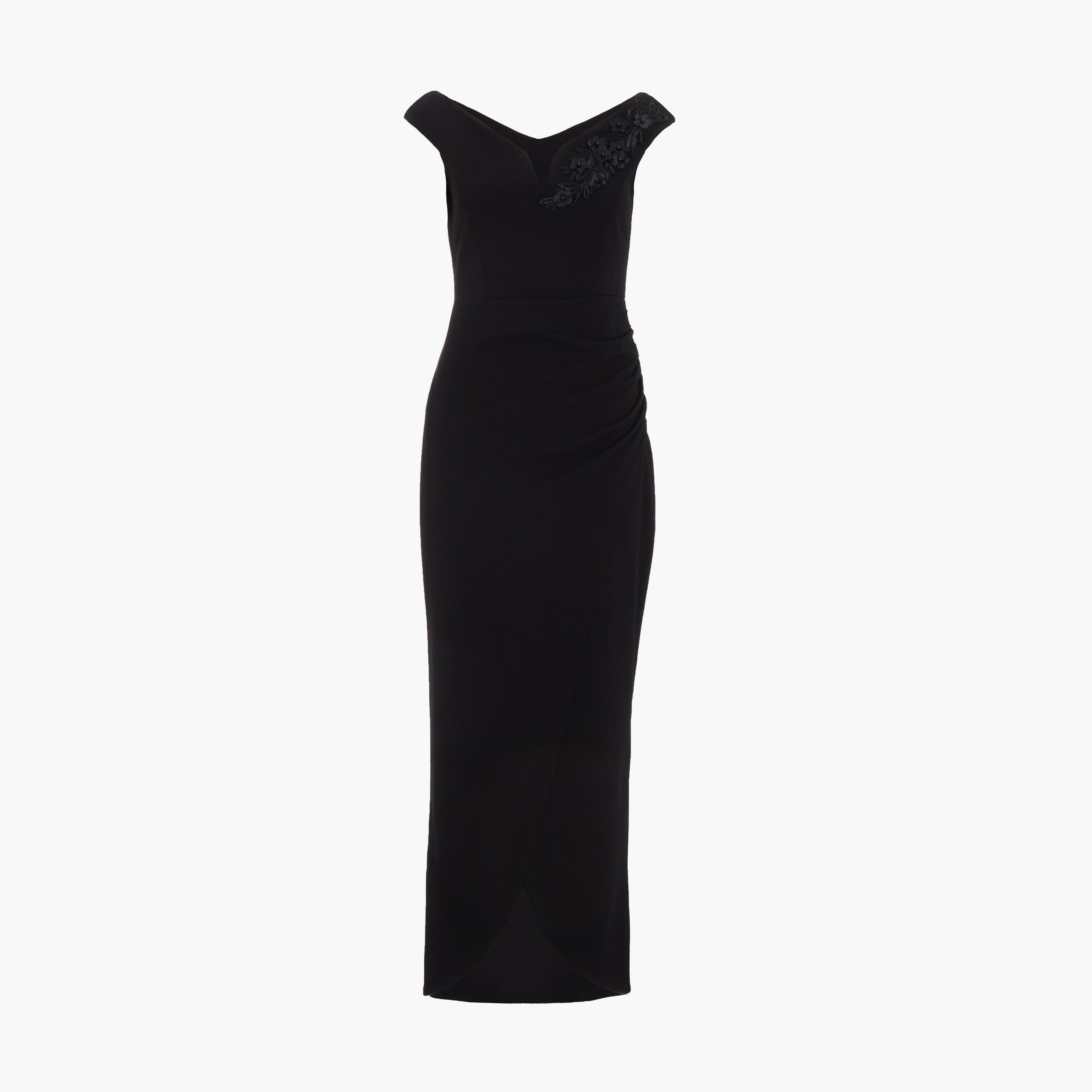 كويز-  فستان ماكسي سهرة من قماش الكريب سكوبا بشريط زخرفي أسود باردوت-women-clothing-dresses-image-5
