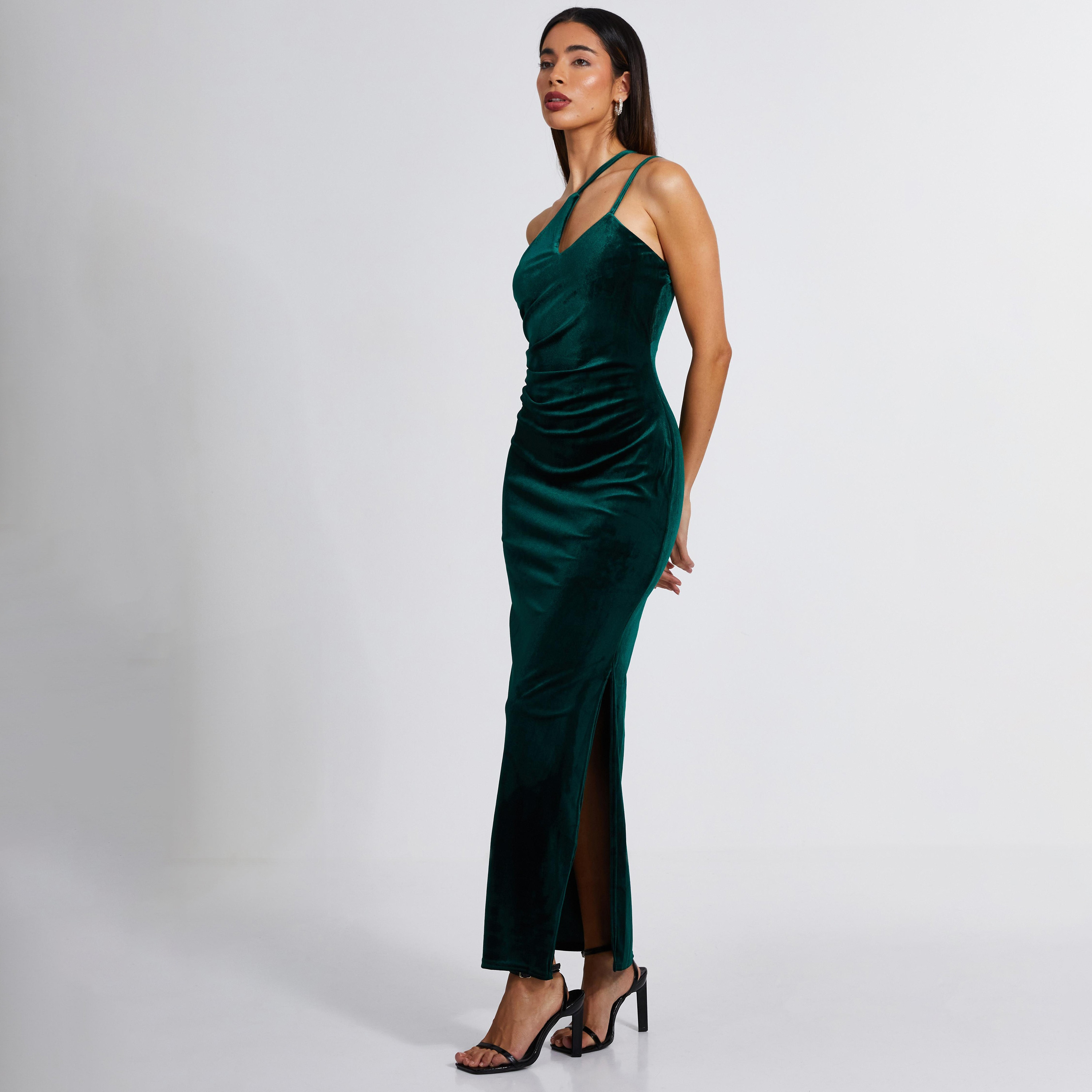 Quiz Green Velvet Cut Out One Shoulder Evening Maxi Dress-women-clothing-dresses-image-2