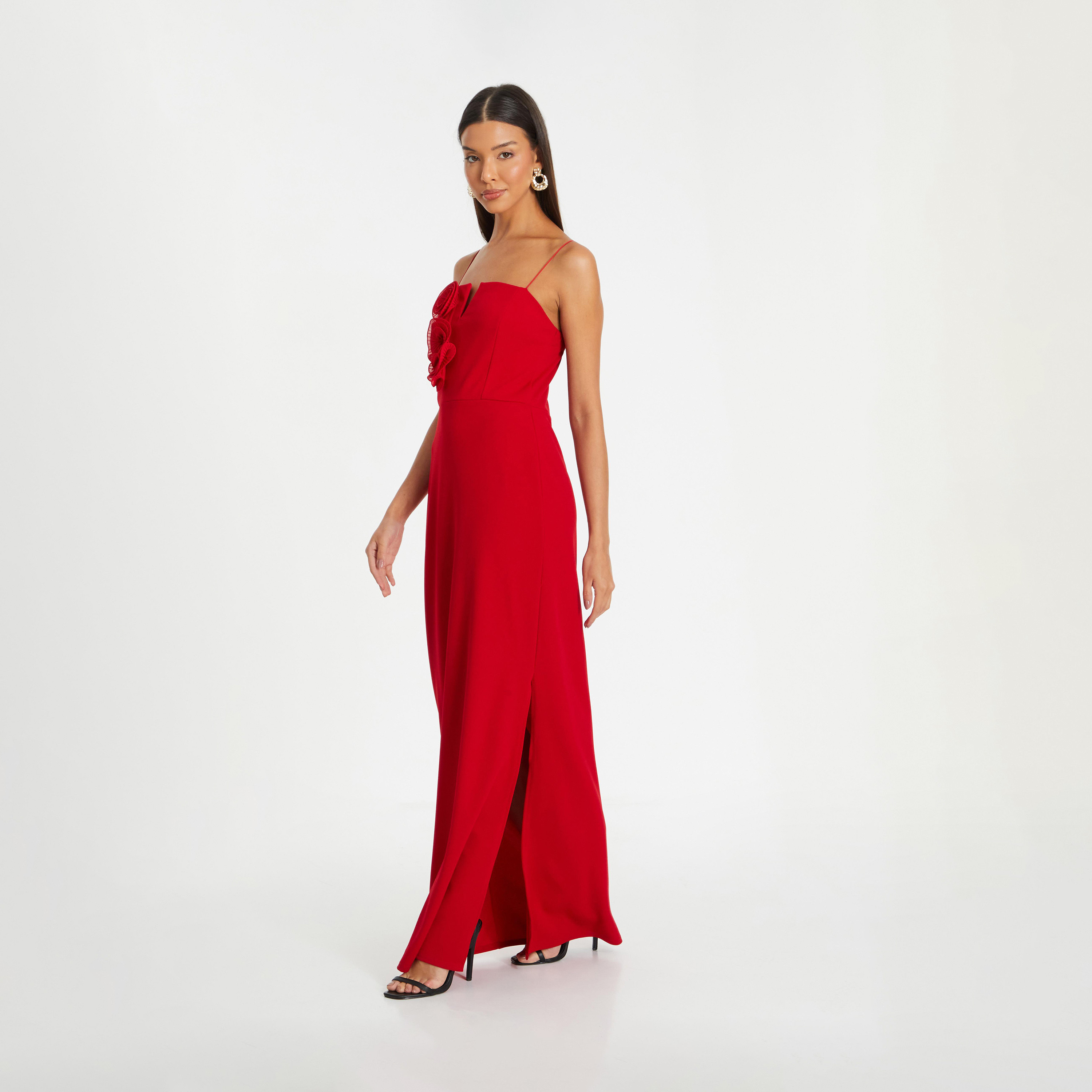 كويز-  فستان سهرة ماكسي أحمر بحزام بحواف من قماش الكريب الأحمر بنقشة الأزهار-women-clothing-dresses-image-3